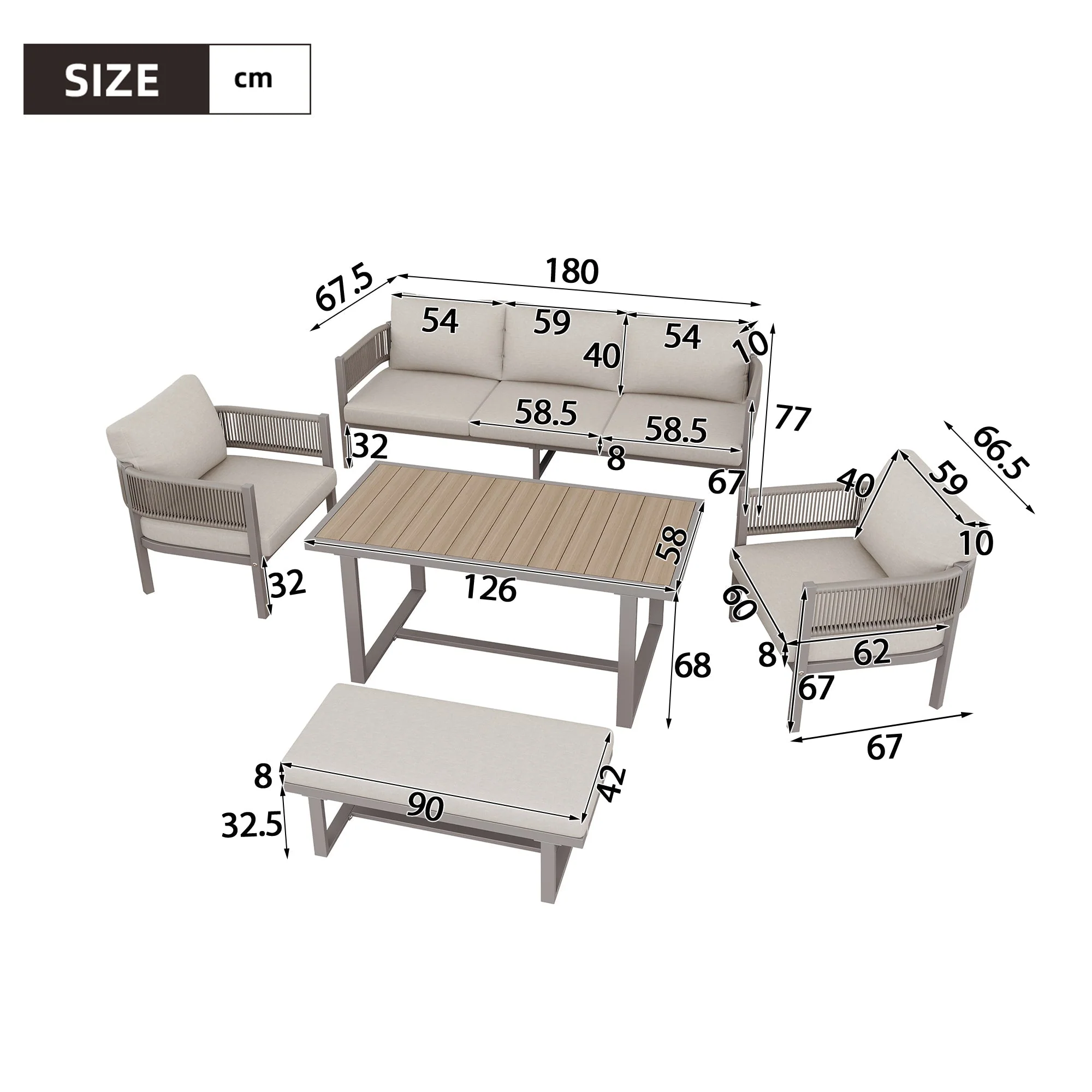 Garden Lounge Set with 3-Seater Sofa, 2 Armchairs, Bench and Dining Table, Beige PE Woven Rope and WPC Tabletop - Image 5