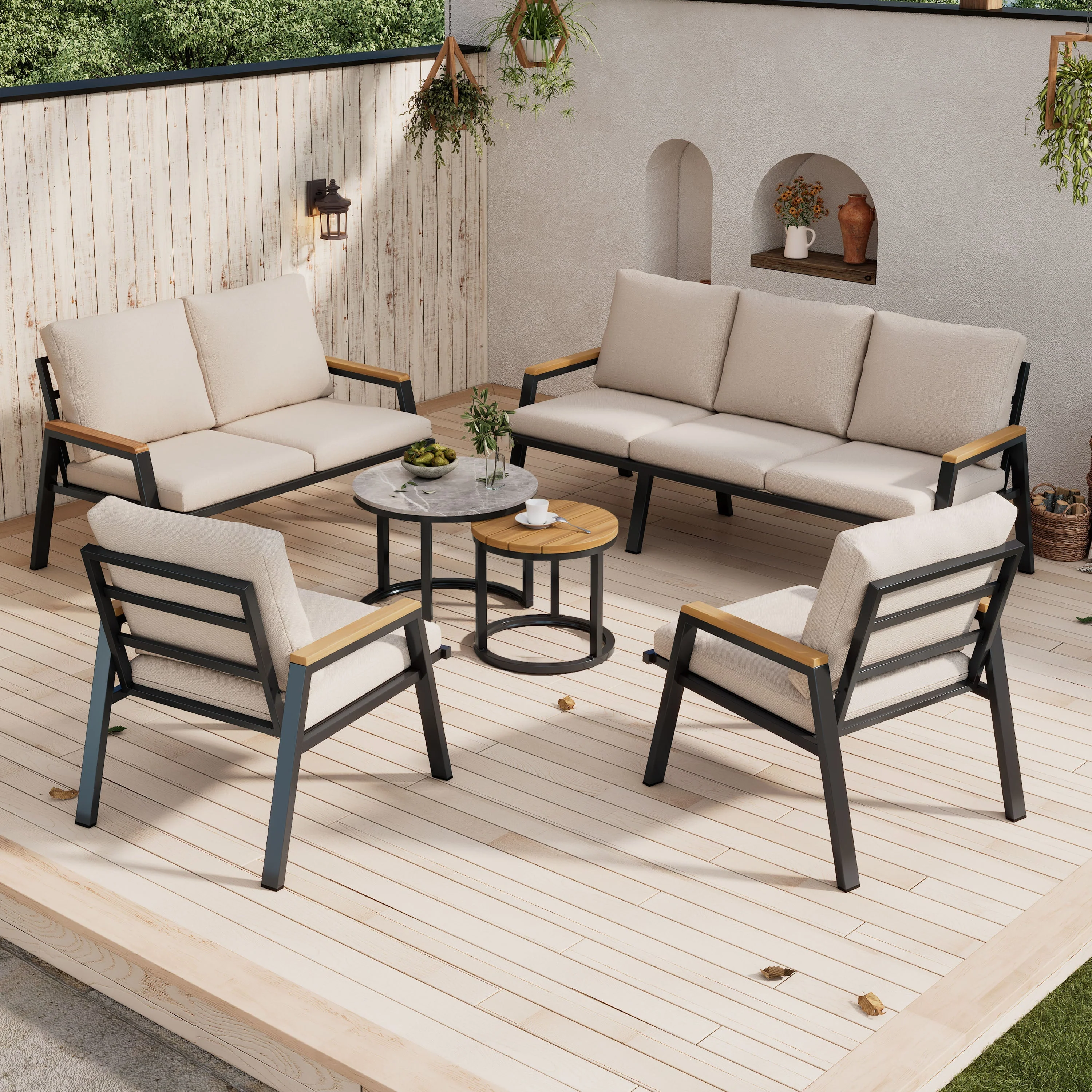 Garden Lounge Set with 3-Seater Sofa, 2-Seater Sofa, 2 Armchairs and 2 Coffee Tables, Galvanized Steel, Grey-Beige - Image 2