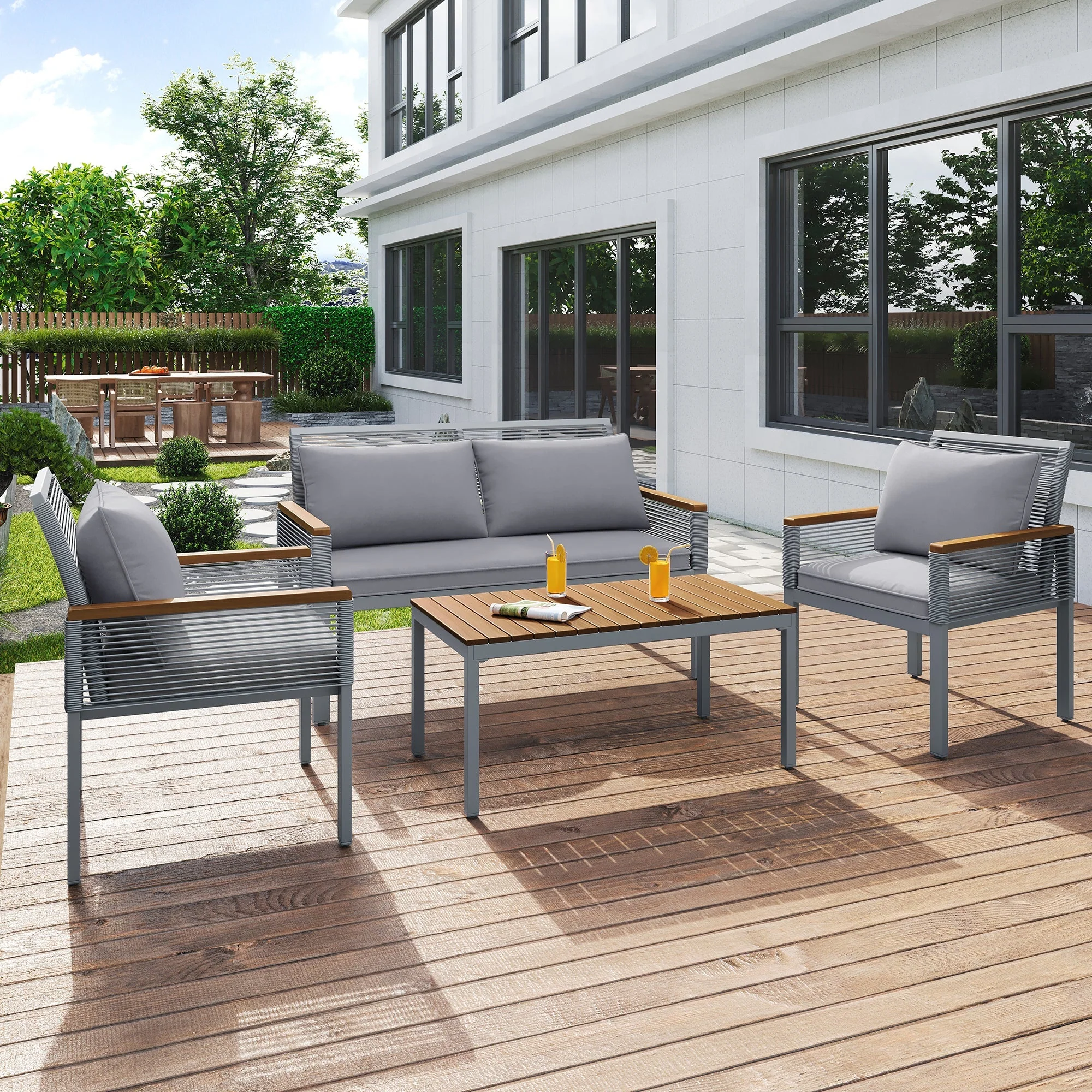 Garden Lounge Set with Double Sofa and 2 Armchairs, Grey Rattan - Image 2