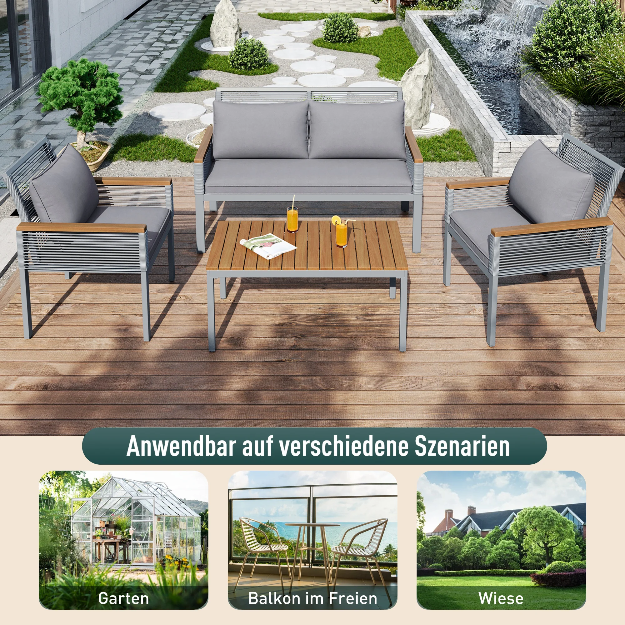 Garden Lounge Set with Double Sofa and 2 Armchairs, Grey Rattan - Image 3