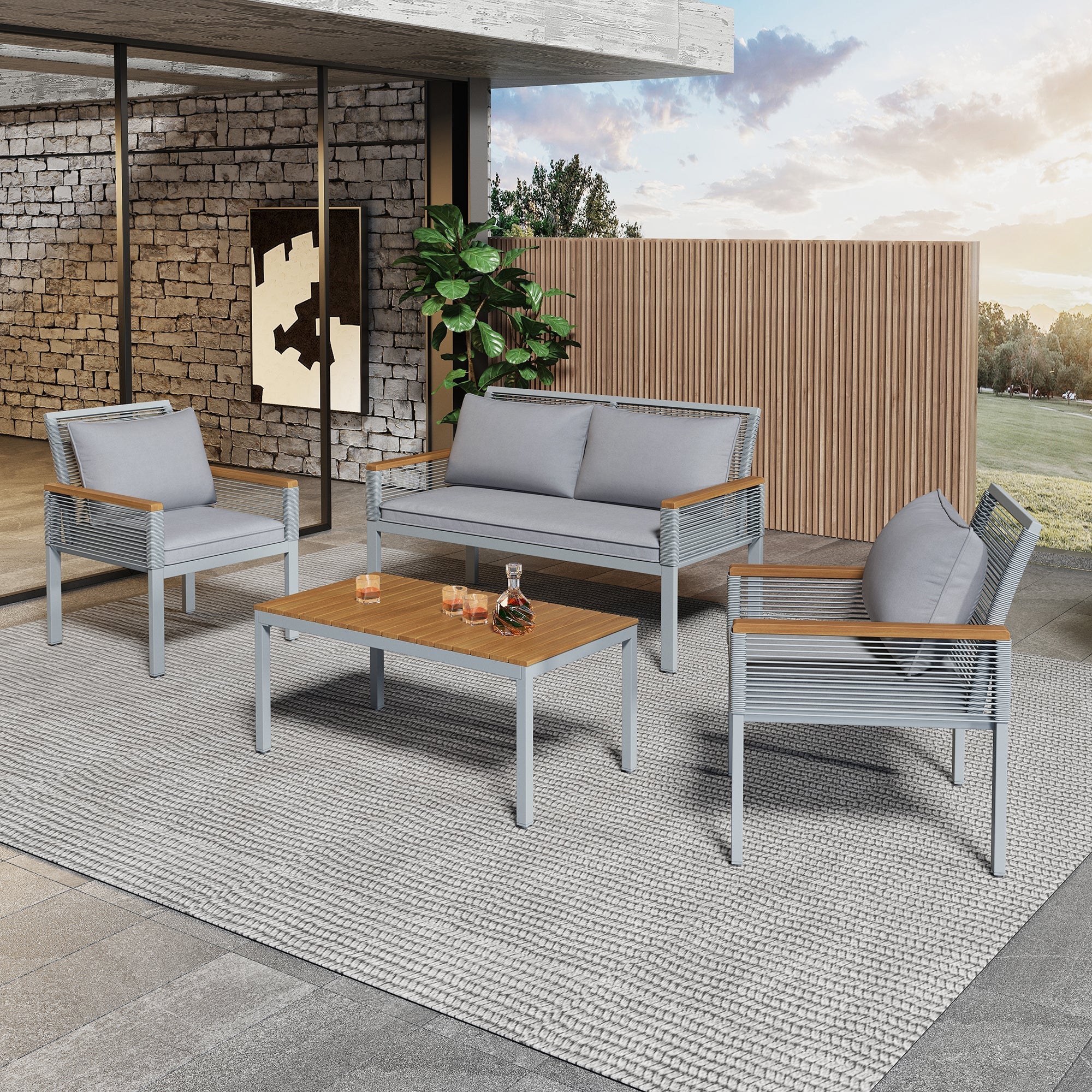 Garden Lounge Set with Double Sofa and 2 Armchairs, Grey Rattan - Image 7