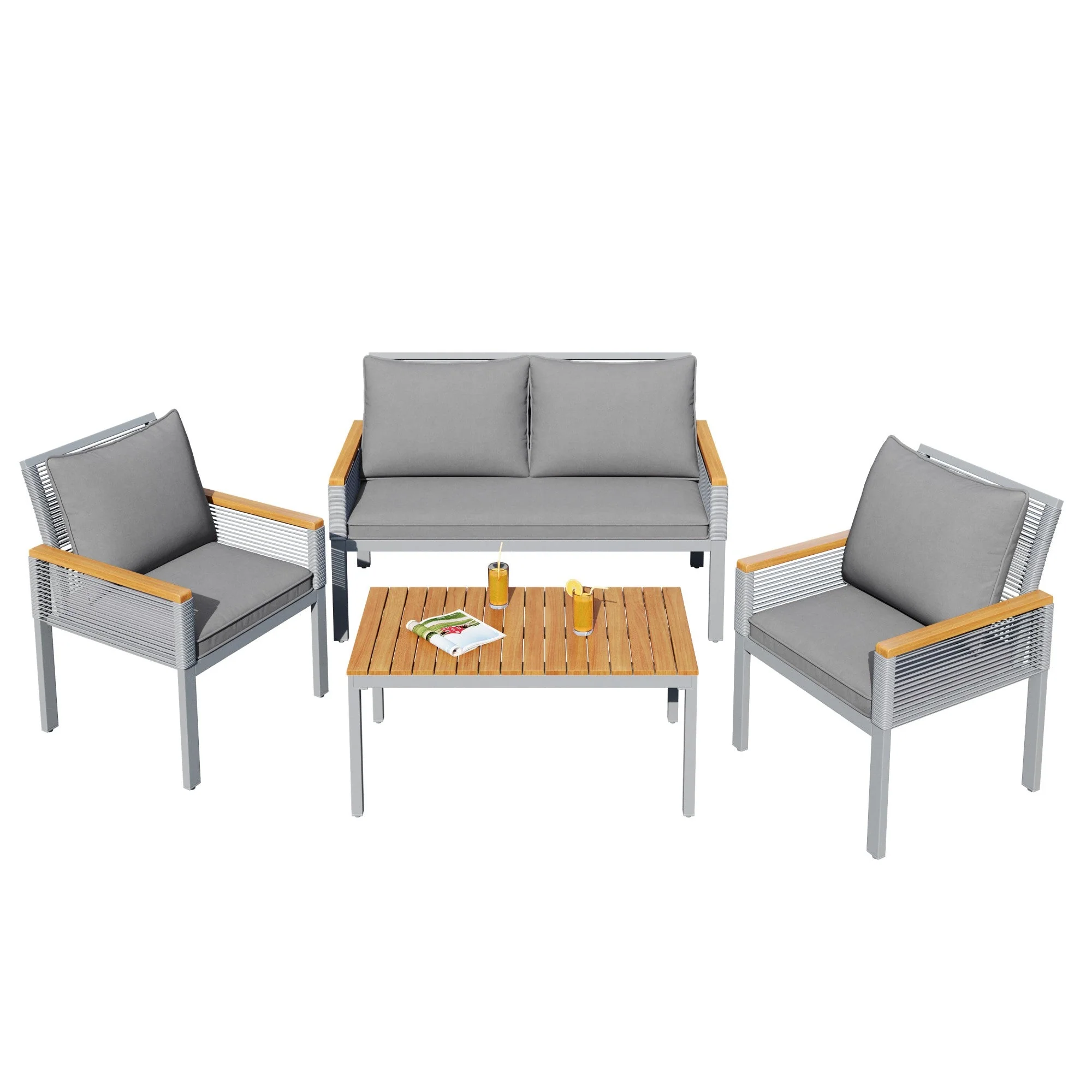 Garden Lounge Set with Double Sofa and 2 Armchairs, Grey Rattan - Image 8