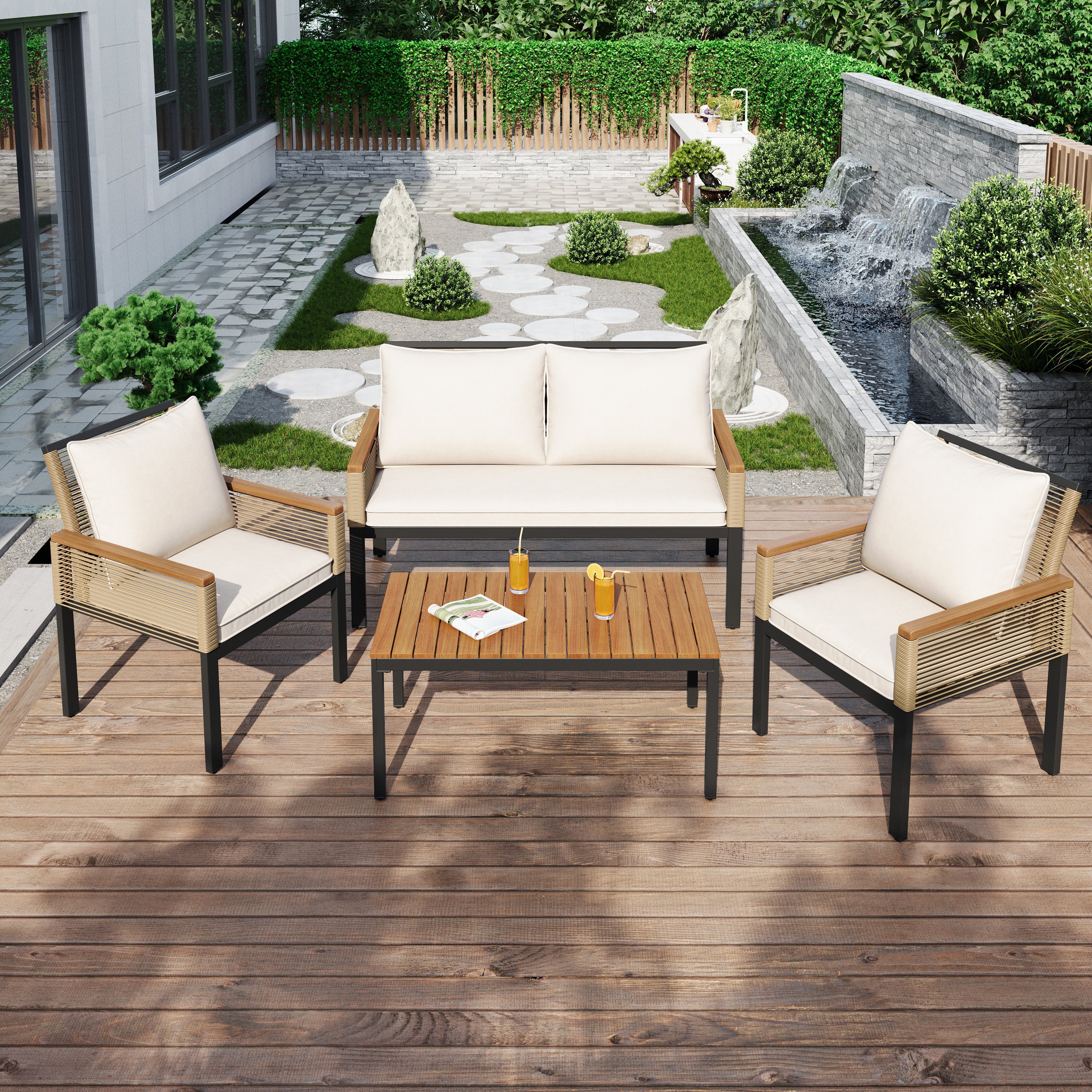 Garden Lounge Set with Double Sofa and 2 Armchairs, Rattan Beige - Image 3