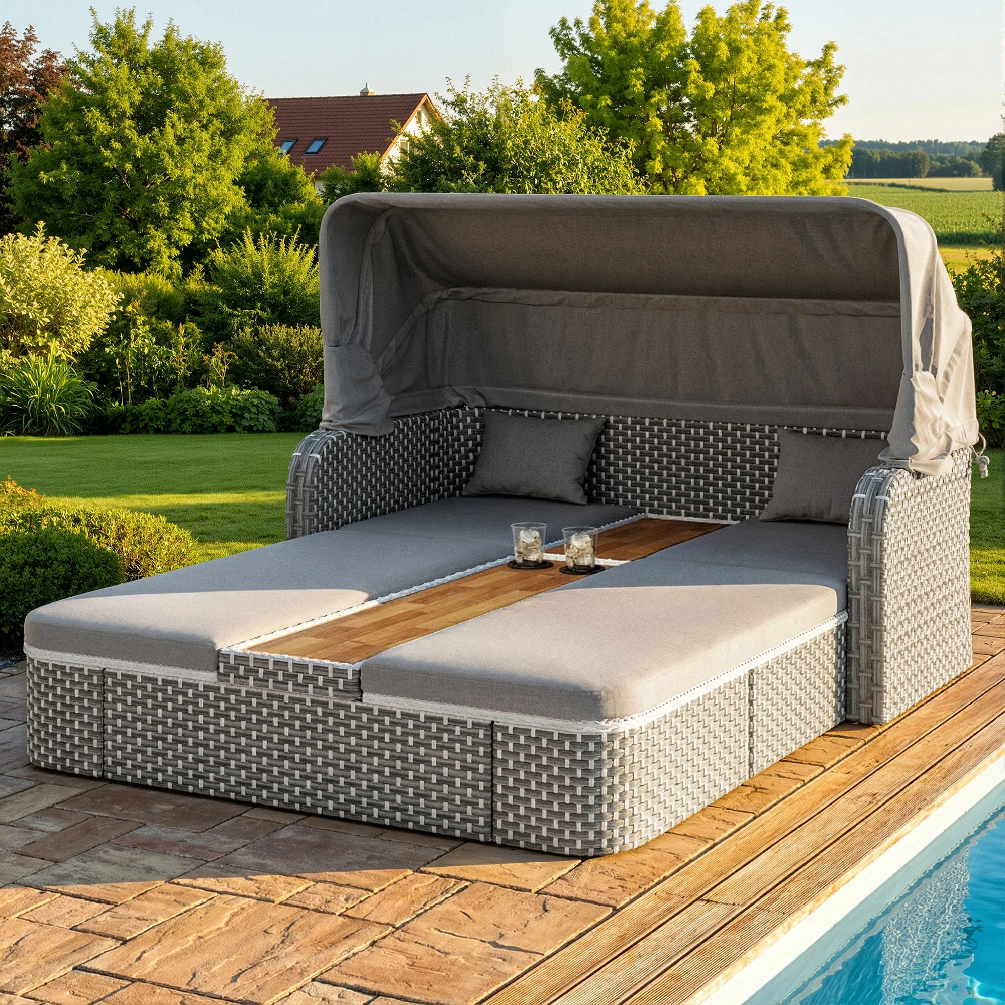 Garden Lounge Set with Sunshade and Gazebo, Polyrattan Seating Group with Sofa and Table, Beige and Grey - Image 5