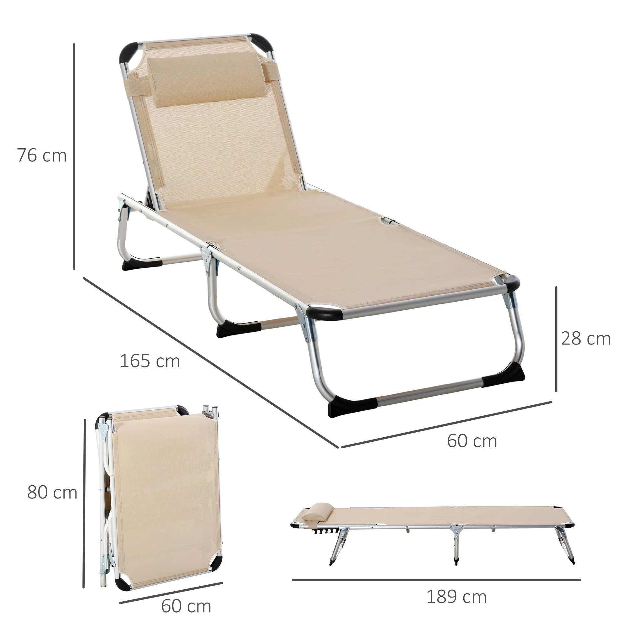Garden Lounger 5-Way Adjustable Foldable Ergonomic, Aluminum Mesh Fabric Beige - Image 3