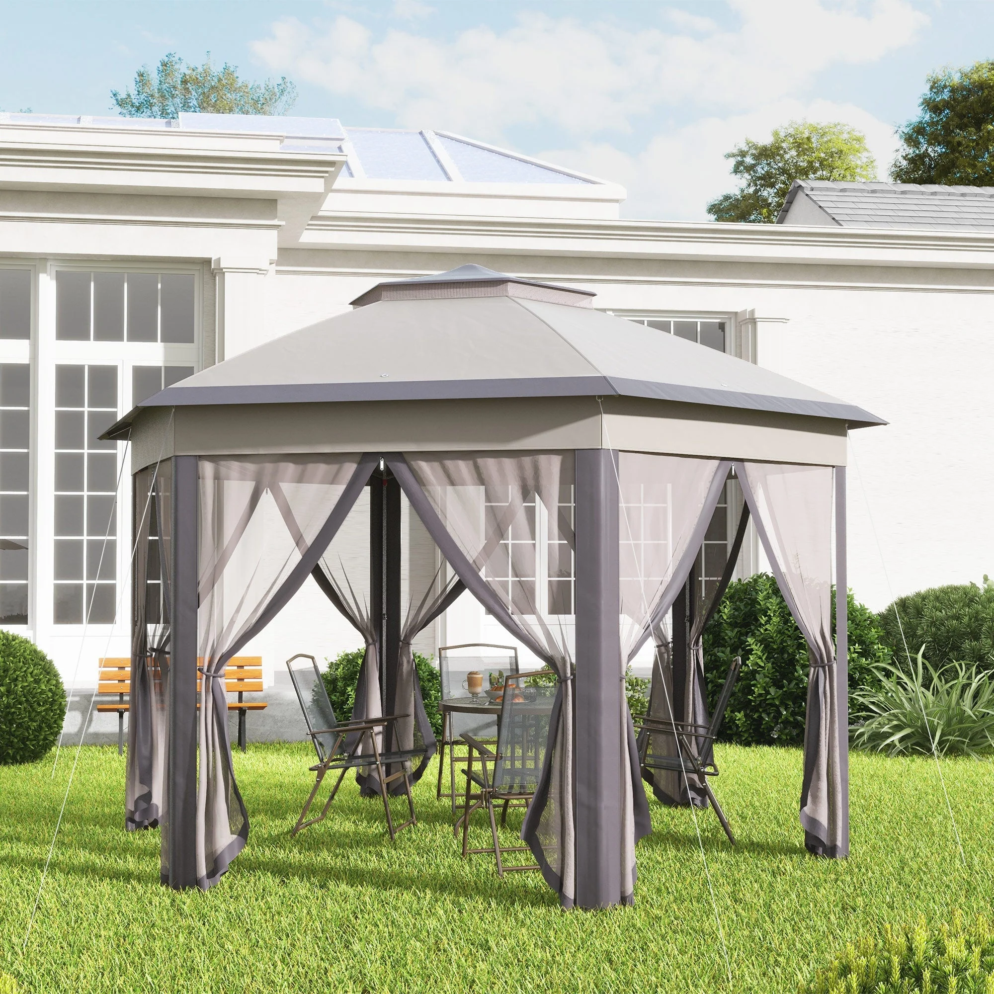 Garden Pavilion Folding Pop-Up Tent 4x4m 6 Side Panels Double Hexagonal Roof, Coffee/Beige