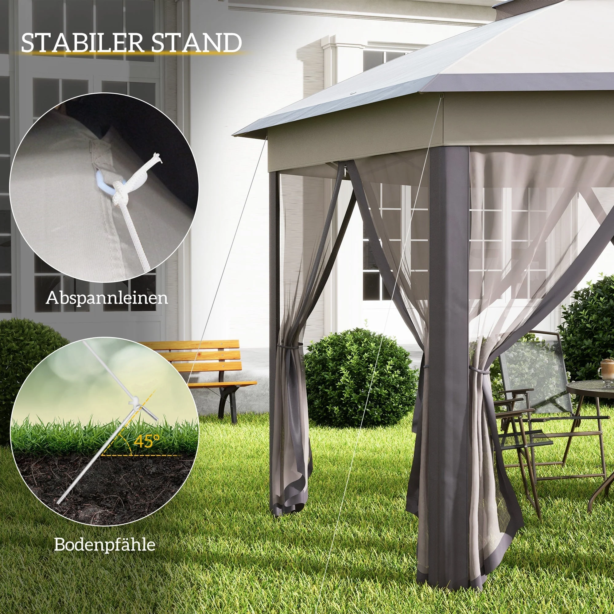 Garden Pavilion Folding Pop-Up Tent 4x4m 6 Side Panels Double Hexagonal Roof, Coffee/Beige - Image 6