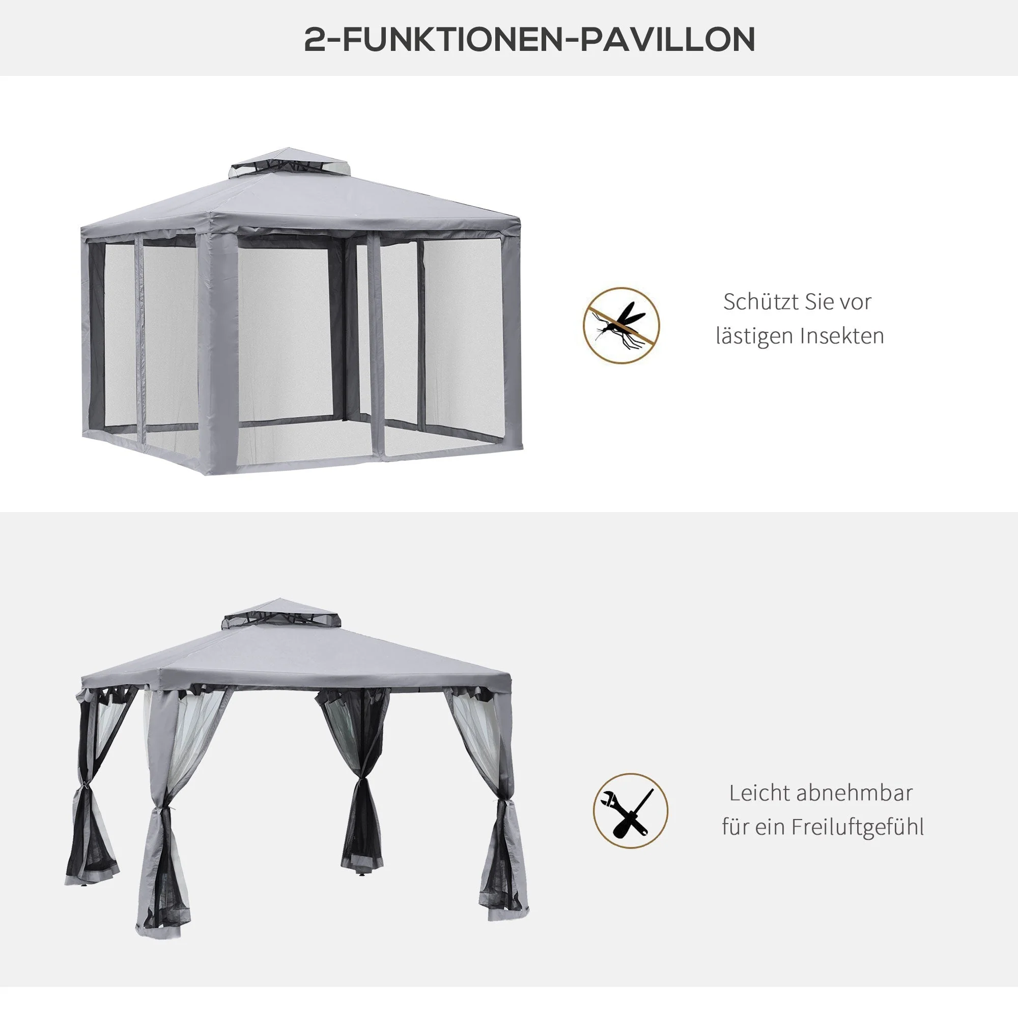 Garden Pavilion Party Tent 3x3m 4 Side Walls Weatherproof Metal/Polyester Light Grey - Image 4