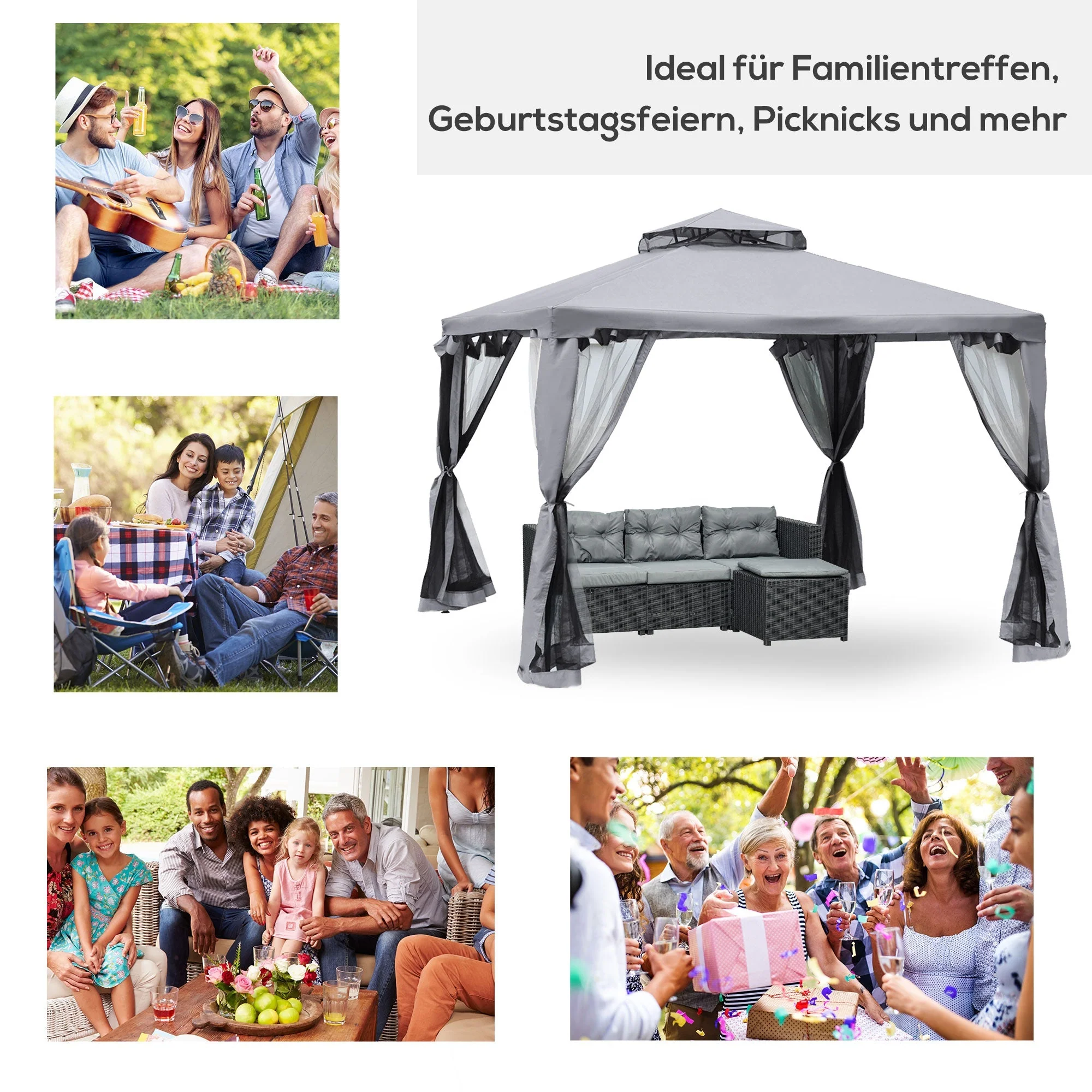 Garden Pavilion Party Tent 3x3m 4 Side Walls Weatherproof Metal/Polyester Light Grey - Image 6
