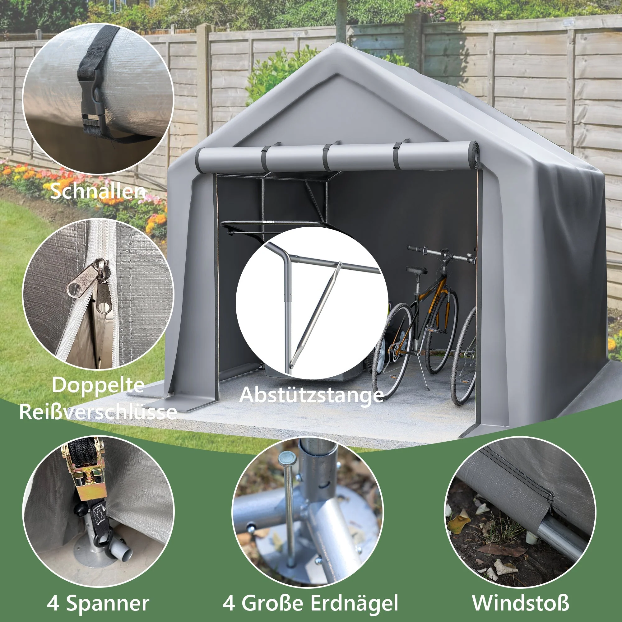 Garden Shed 244x241x217cm Multi-purpose Storage Garage Tent, Dark Grey - Image 4