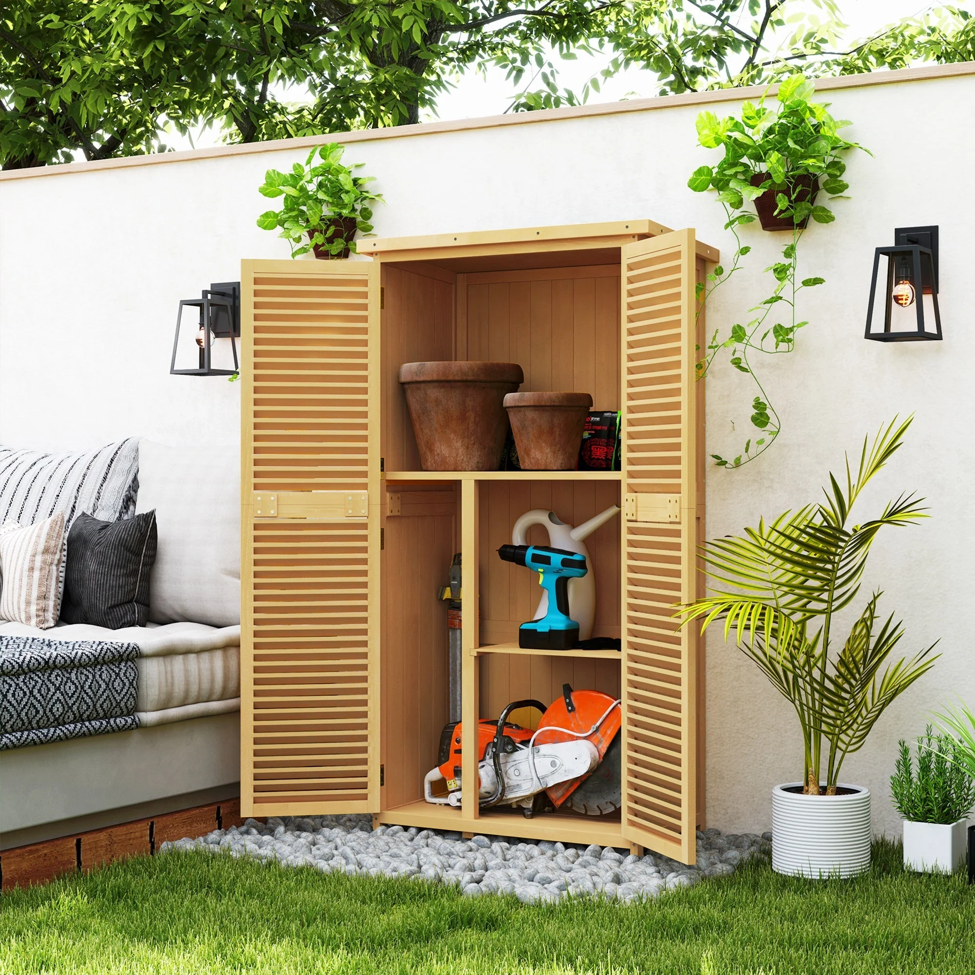 Garden Shed/Tool House, Asphalt Roof Louvered Door 4 Compartments, Wooden Light Yellow