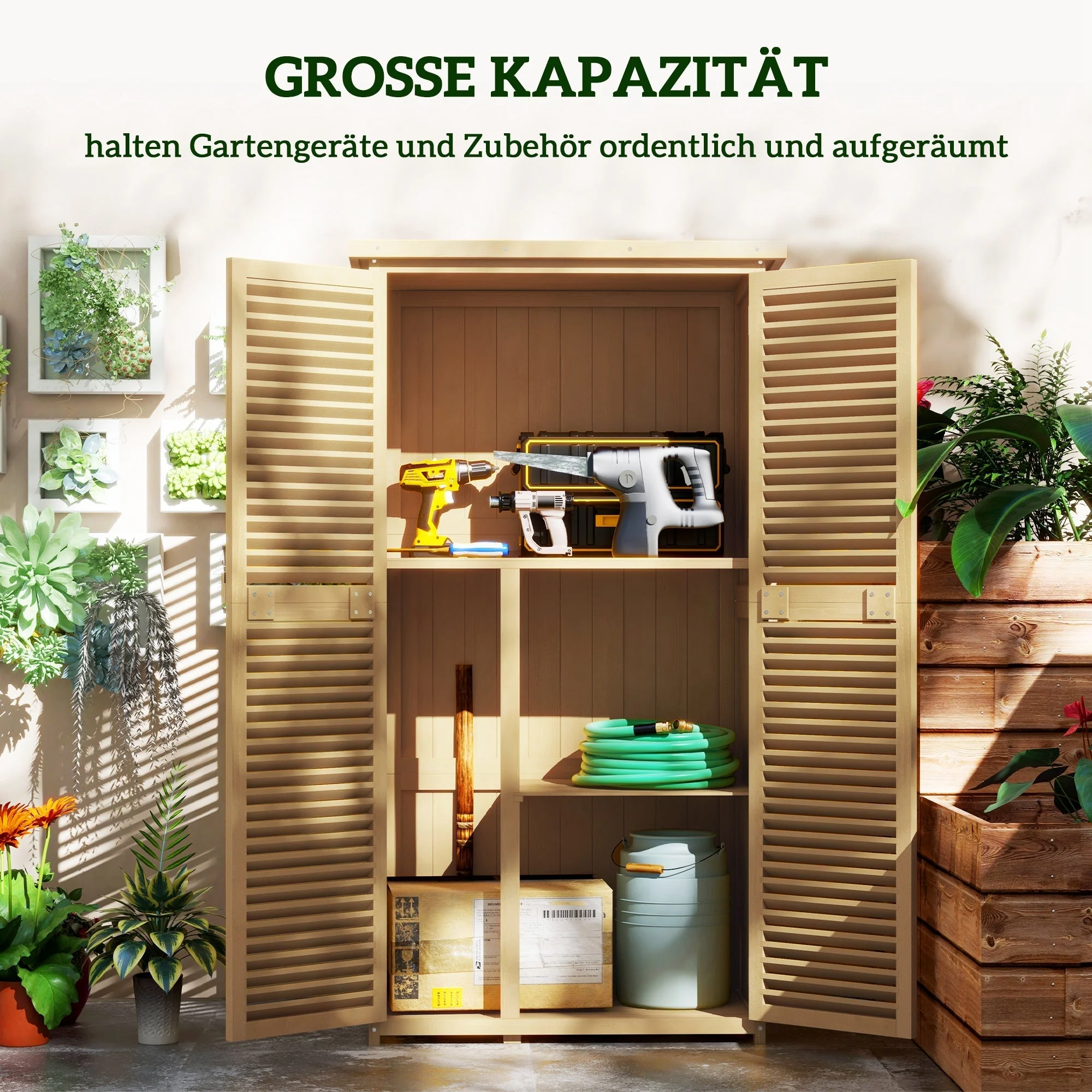 Garden Shed/Tool House, Asphalt Roof Louvered Door 4 Compartments, Wooden Light Yellow - Image 5