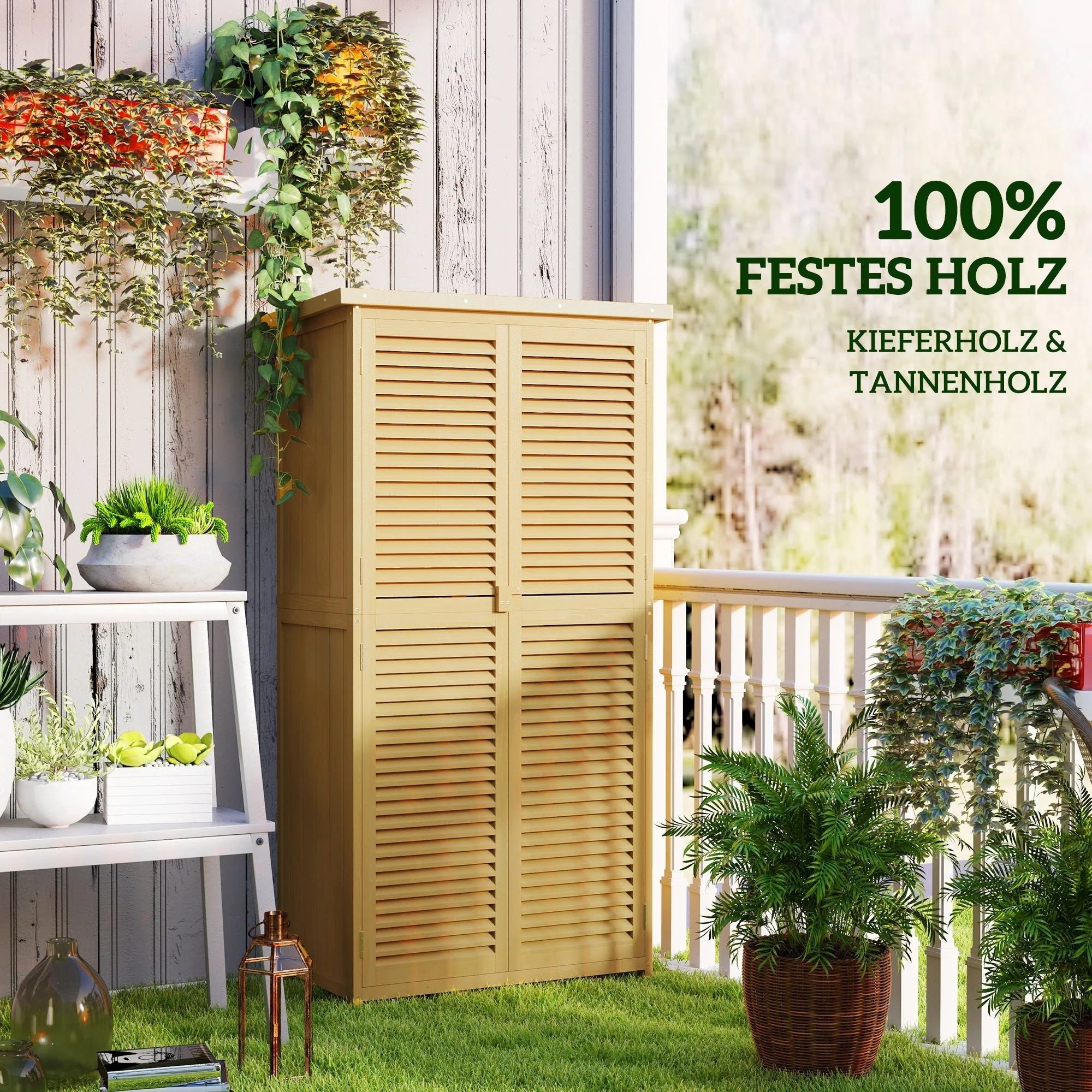 Garden Shed/Tool House, Asphalt Roof Louvered Door 4 Compartments, Wooden Light Yellow - Image 6