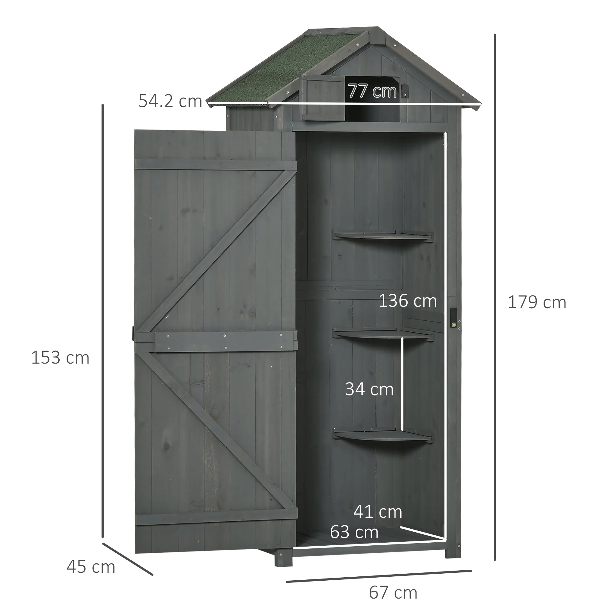 Garden Shed with Shelves, Asphalt Roof, Window 77x54.2x179cm, Wood Grey+Green - Image 3