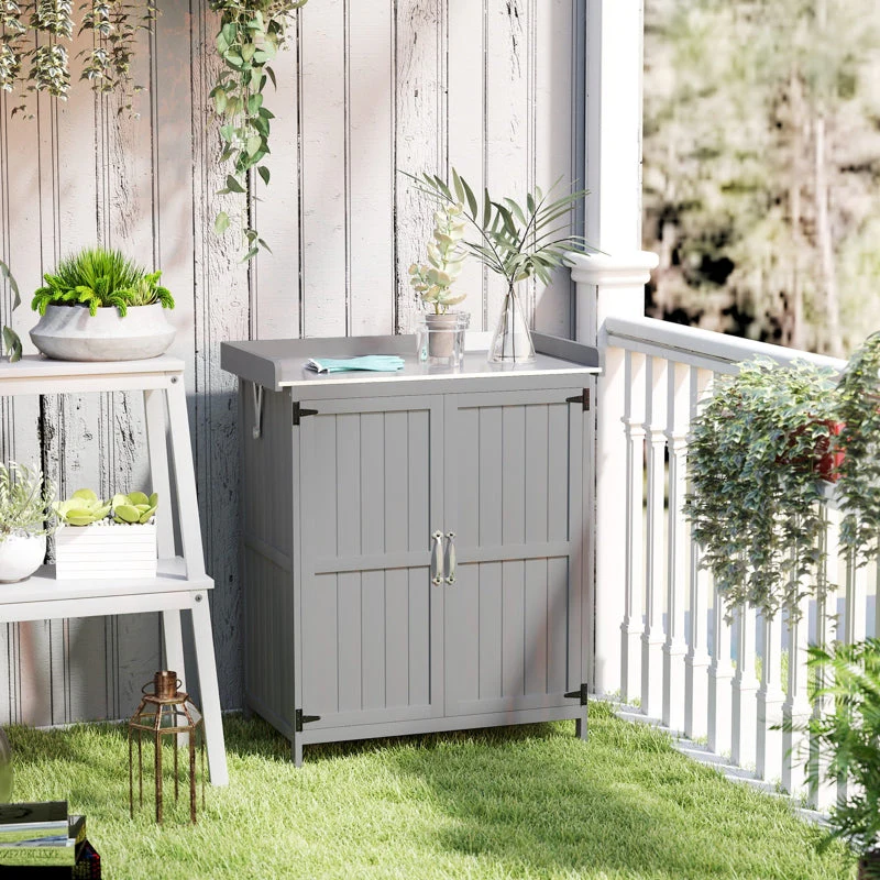 Garden Shed Work Surface Double Doors Wood/Stainless Steel - Grey