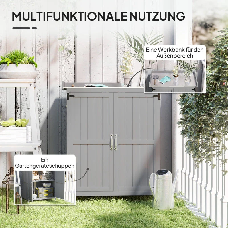 Garden Shed Work Surface Double Doors Wood/Stainless Steel - Grey - Image 4