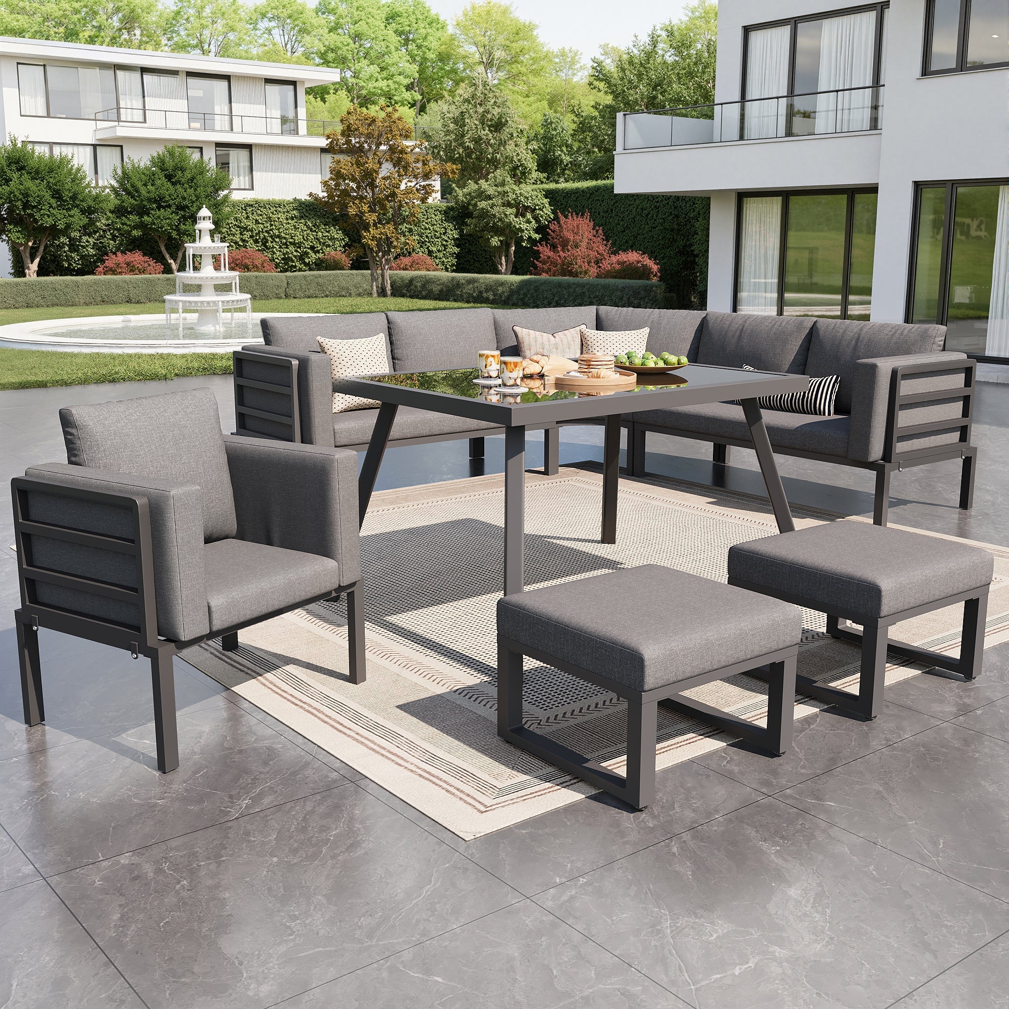 Garden Sofa Set Crescent 8-Person with Glass Table Weatherproof - Grey Cushions - Image 7