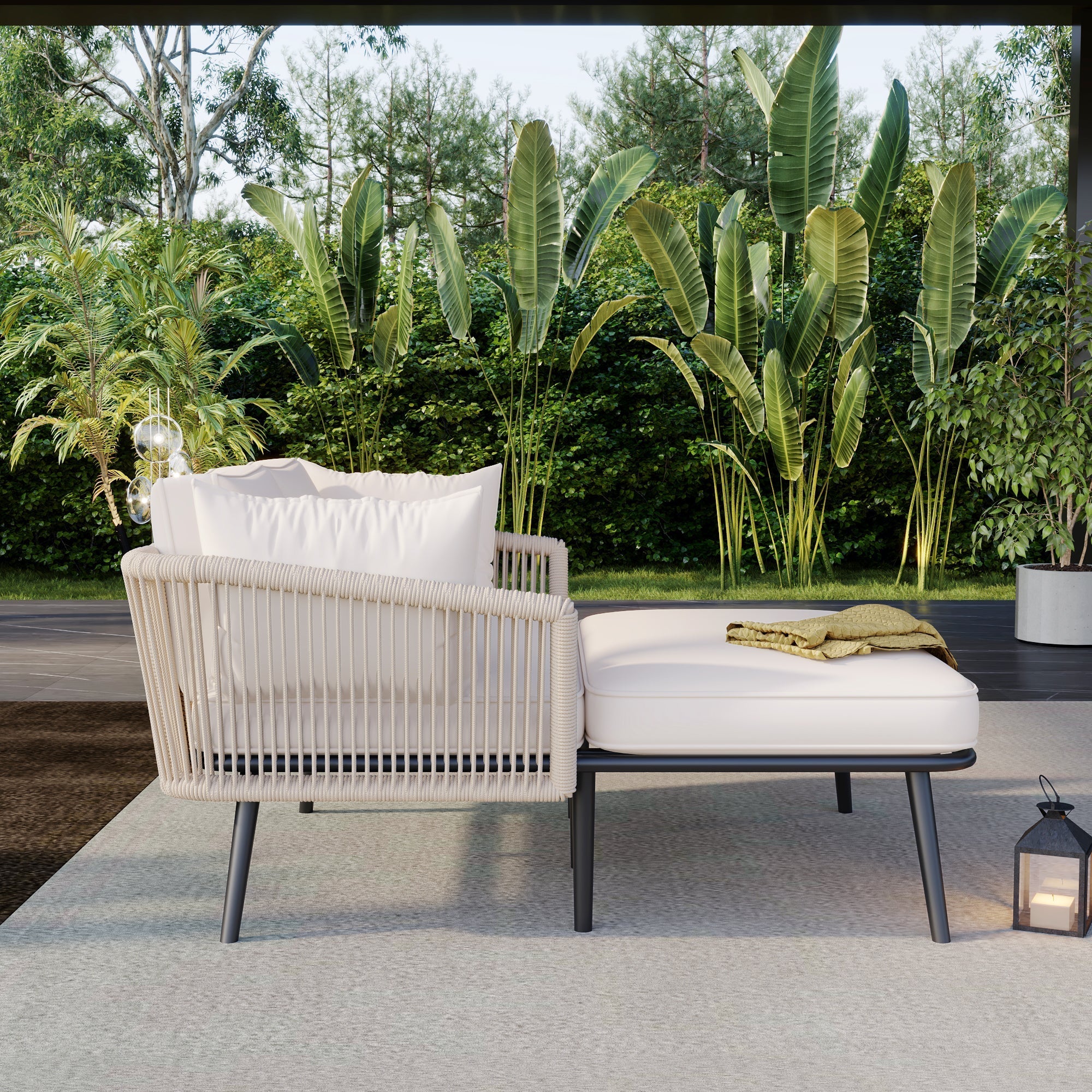 Garden Sofa with Cushions and Pillows, Outdoor Sun Lounger and Furniture Set, Beige - Image 2