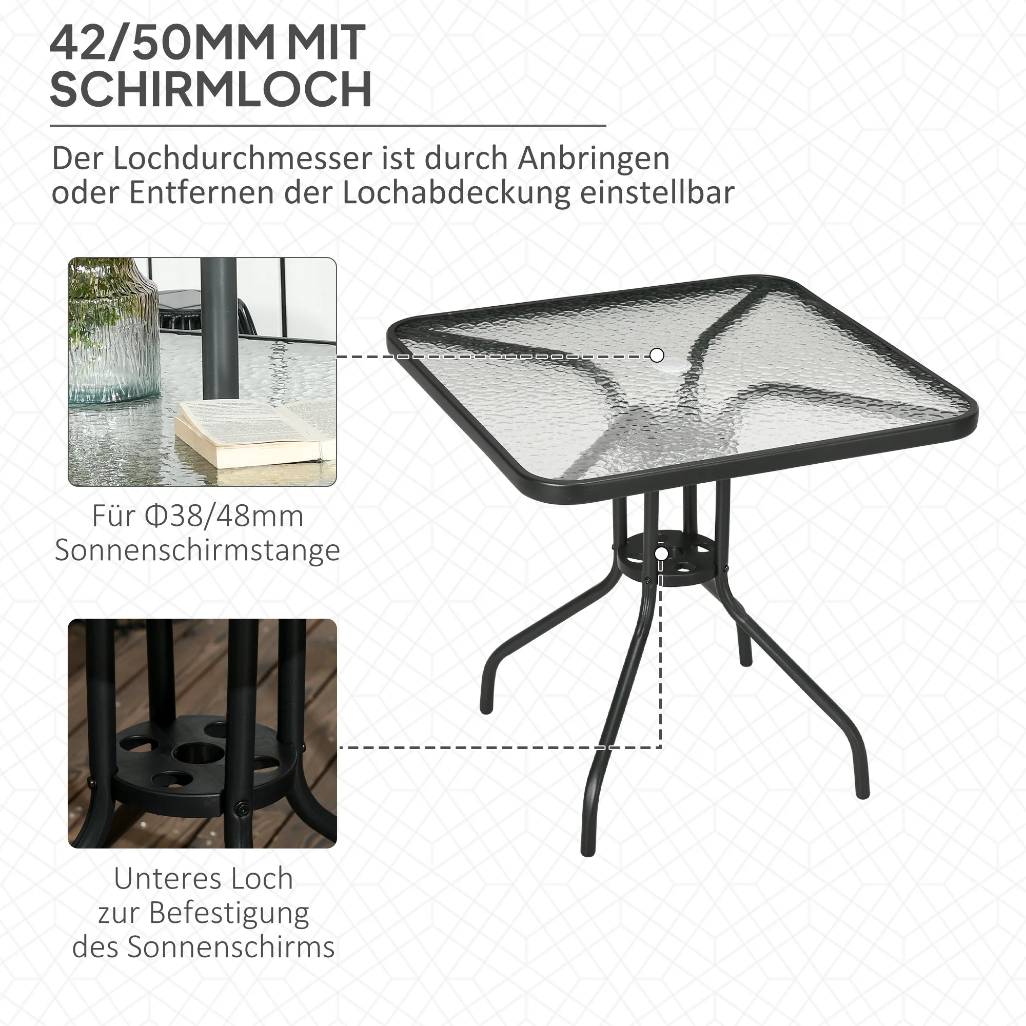 Garden Table Detachable 76x76cm Square Weatherproof with Parasol Hole, Metal Black - Image 4