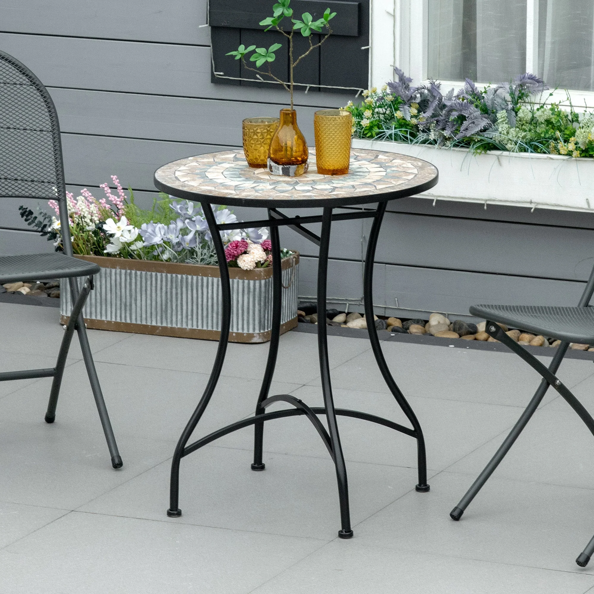 Garden Table, Round Bistro Mosaic Top Ø60cm, Ceramic Green/Beige/White