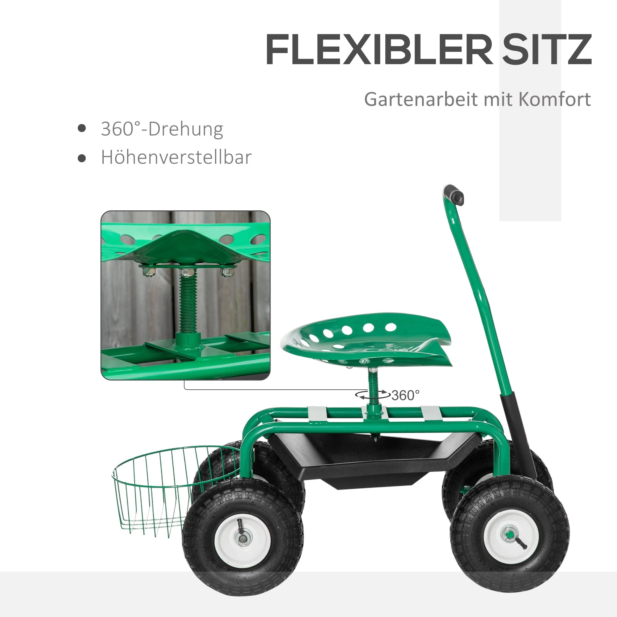 Garden/Workshop Trolley Seat Swivel Adjustable Height Storage Basket 150kg Capacity, Green - Image 5