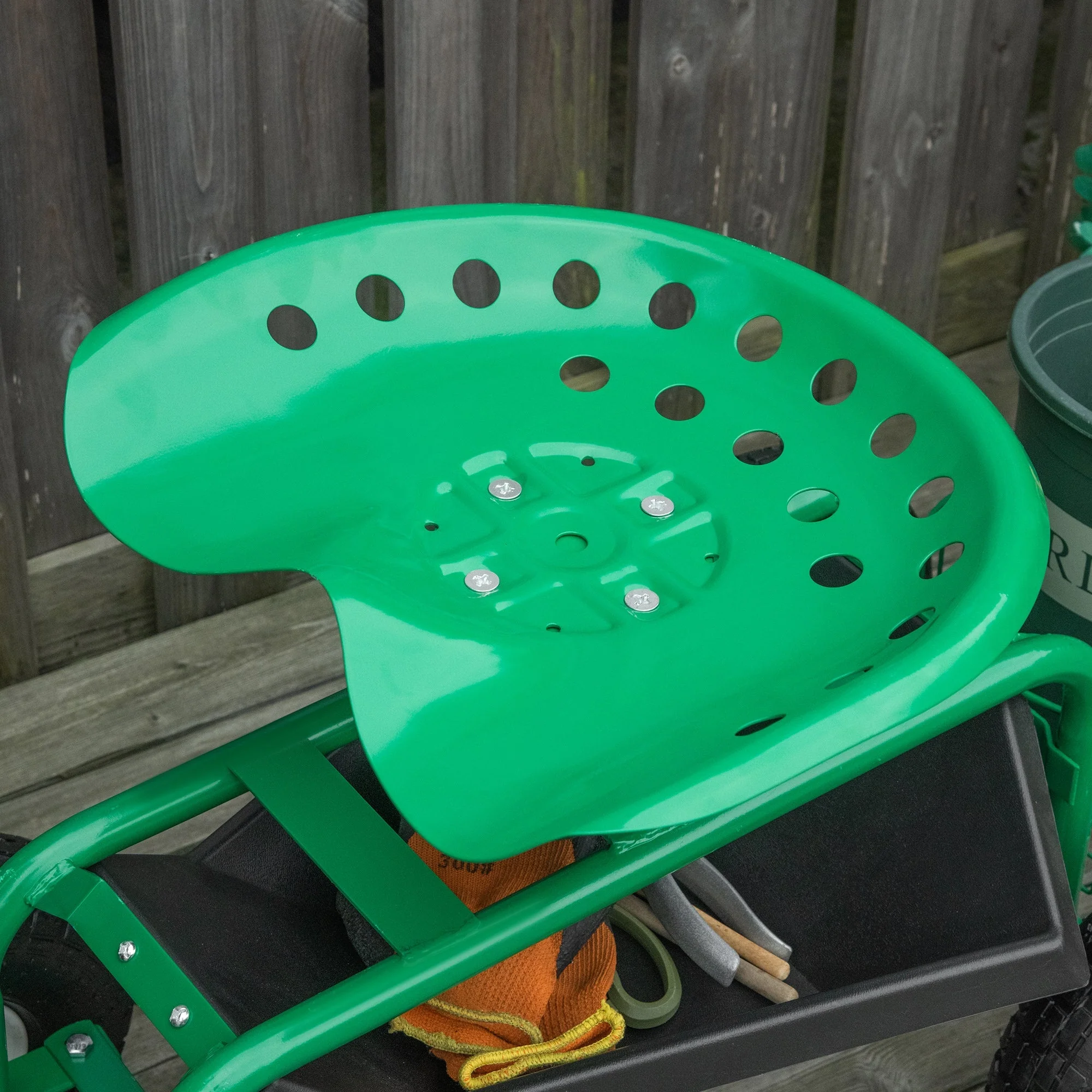 Garden/Workshop Trolley Seat Swivel Adjustable Height Storage Basket 150kg Capacity, Green - Image 8