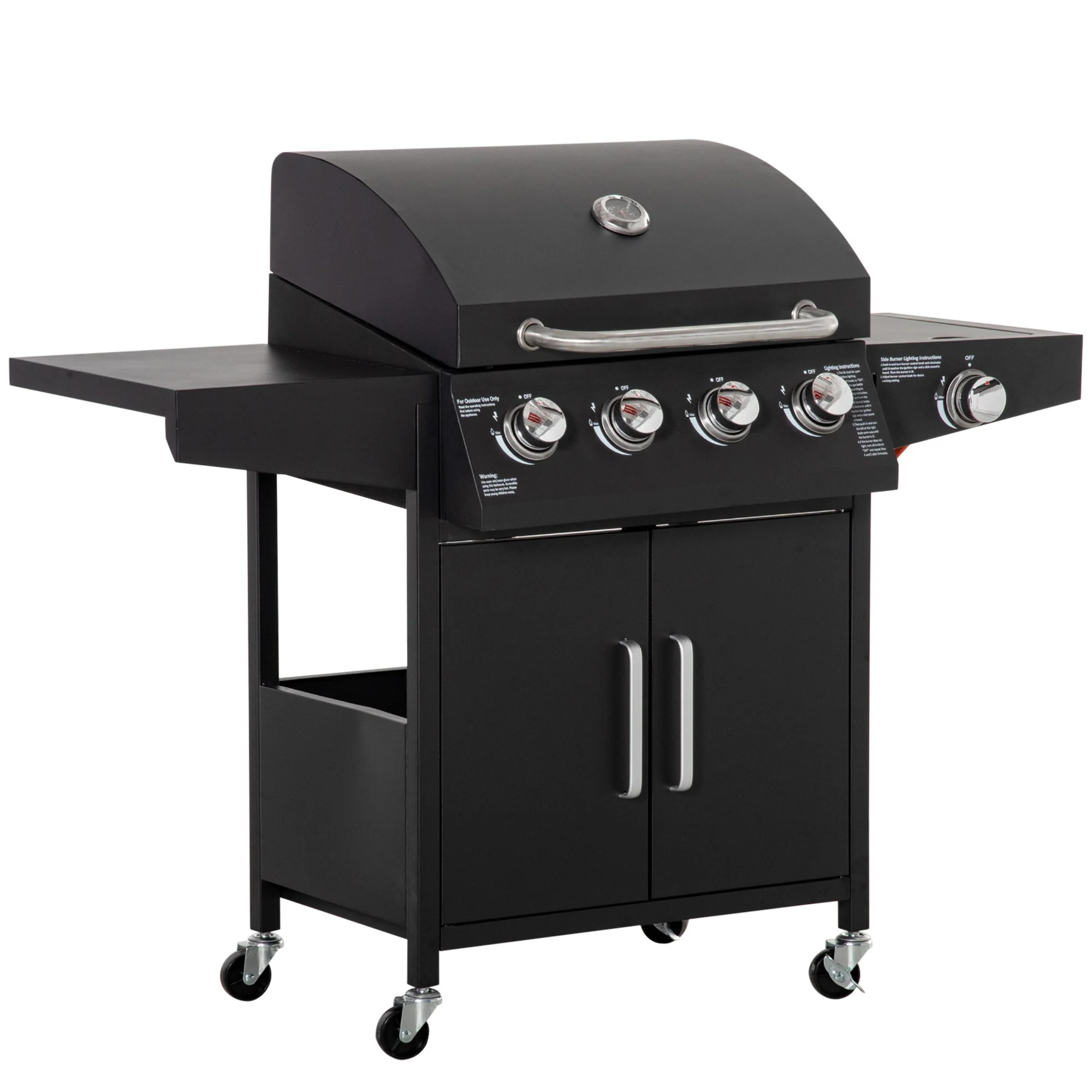 Gas BBQ Grill, 3 Burners 3kW Mobile Cart Side Tables, Metal - Image 2
