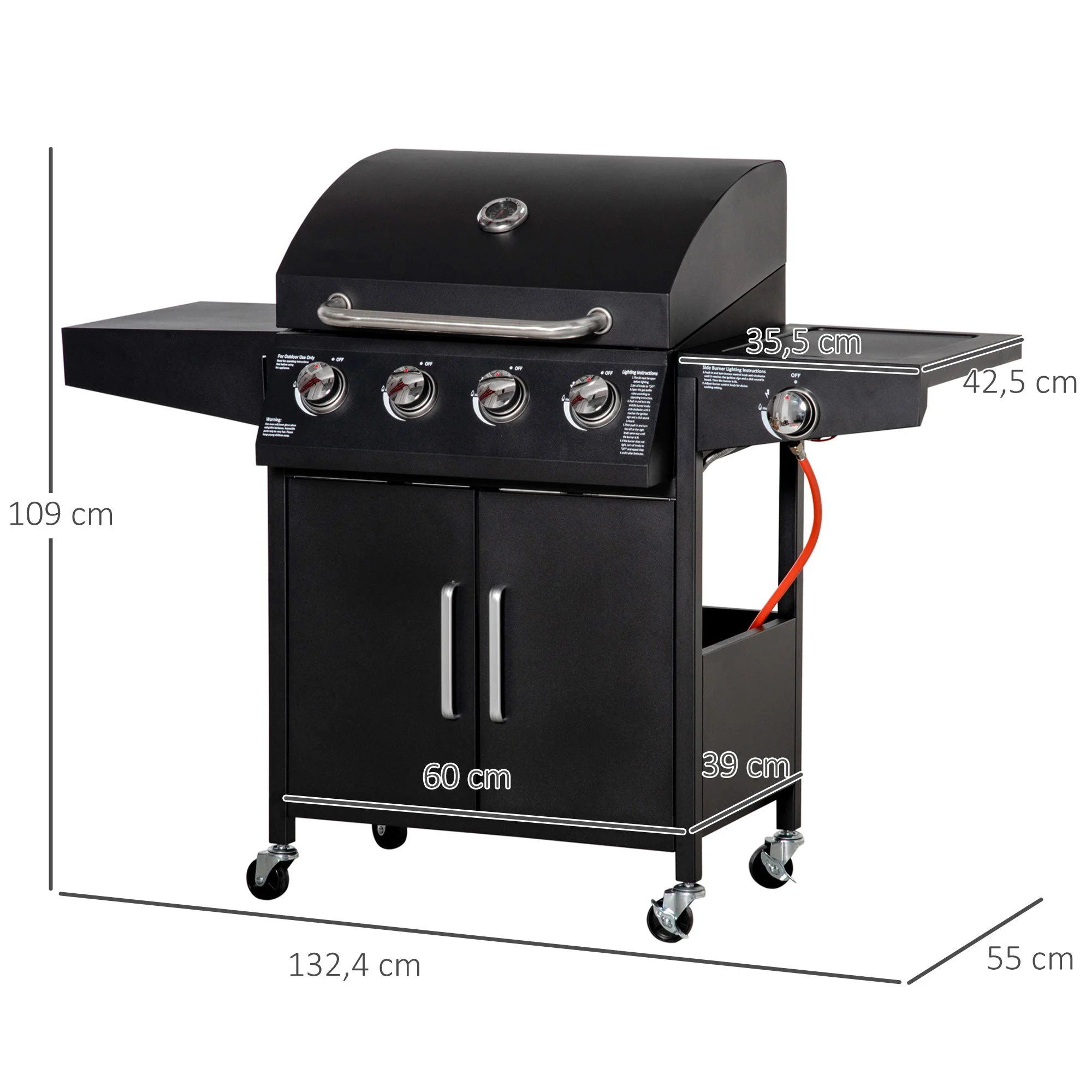 Gas BBQ Grill, 3 Burners 3kW Mobile Cart Side Tables, Metal - Image 3