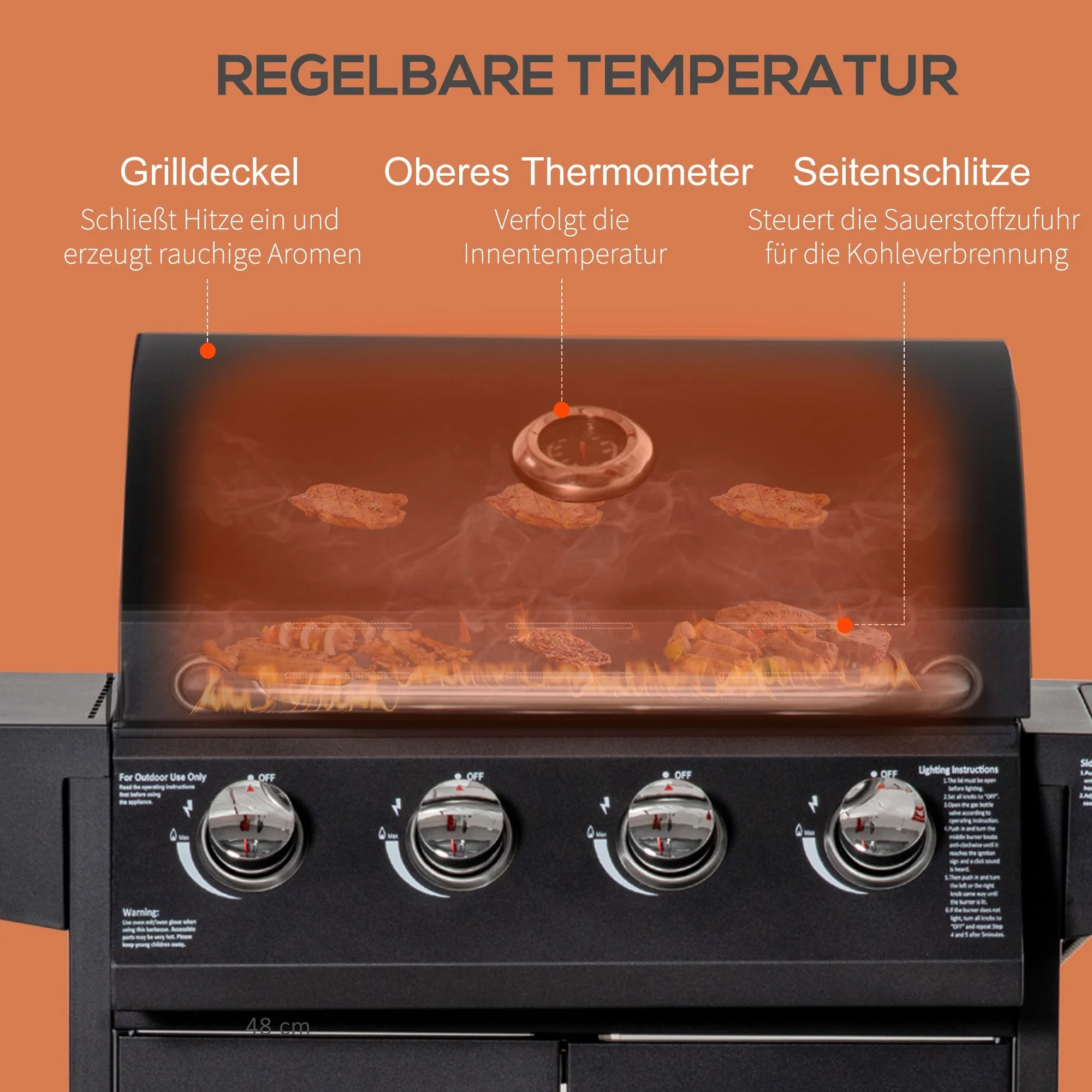 Gas BBQ Grill, 3 Burners 3kW Mobile Cart Side Tables, Metal - Image 5
