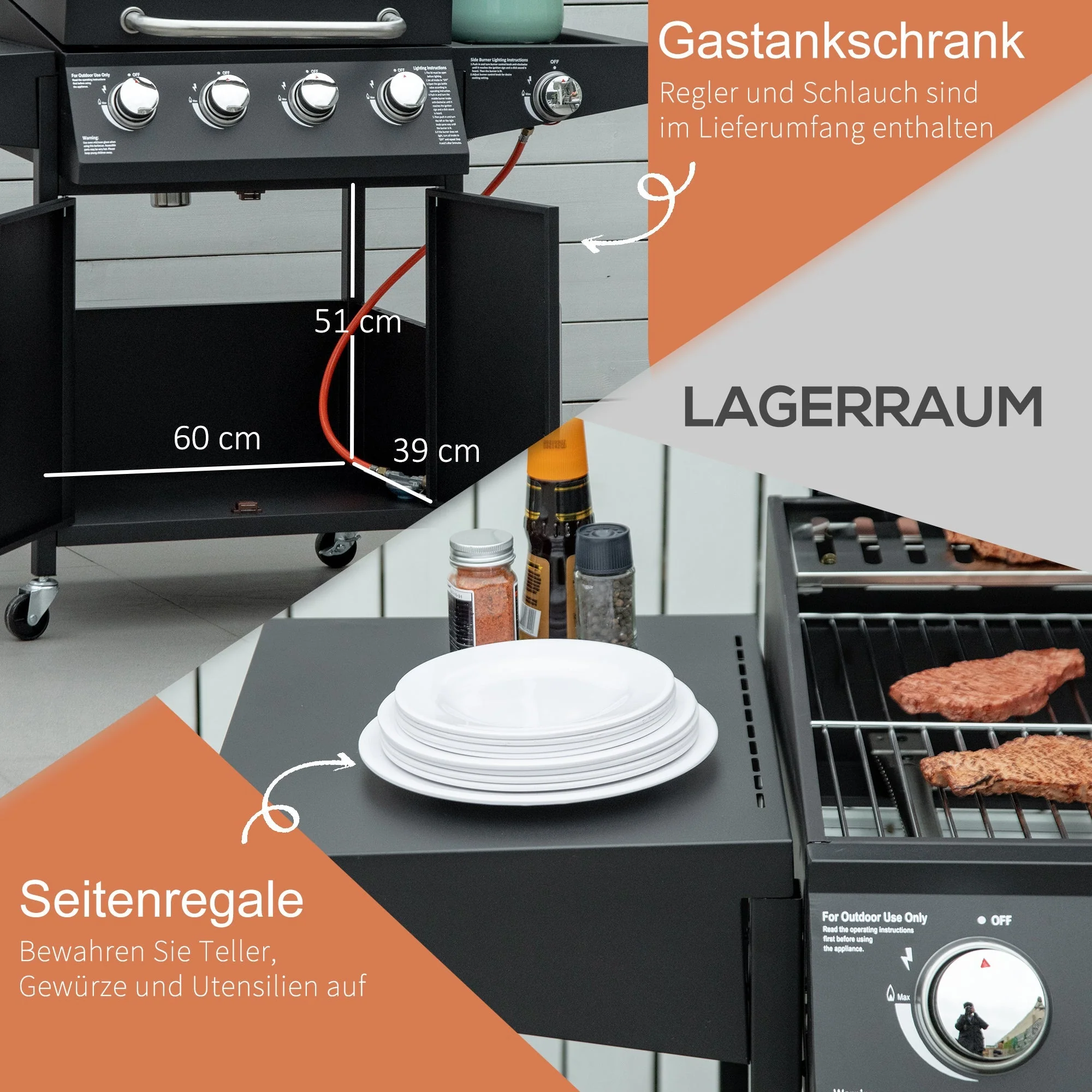 Gas BBQ Grill, 3 Burners 3kW Mobile Cart Side Tables, Metal - Image 6