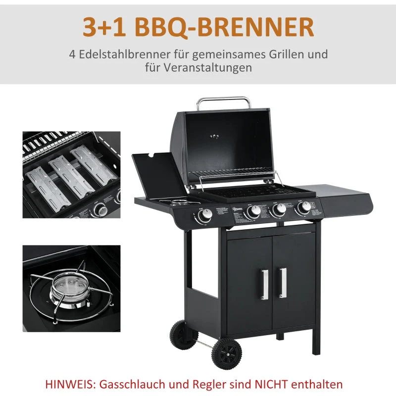 Gas Grill BBQ Cart 3 Burners 1 Side Burner Multifunctional 110x50x100 cm Steel Black - Image 5