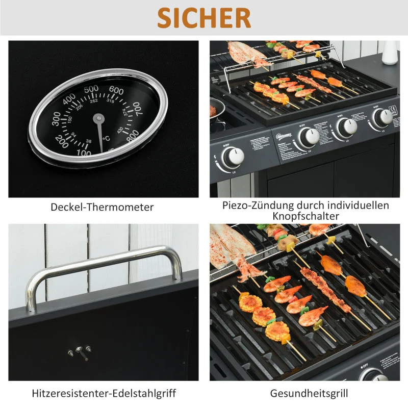 Gas Grill BBQ Cart 3 Burners 1 Side Burner Multifunctional 110x50x100 cm Steel Black - Image 6