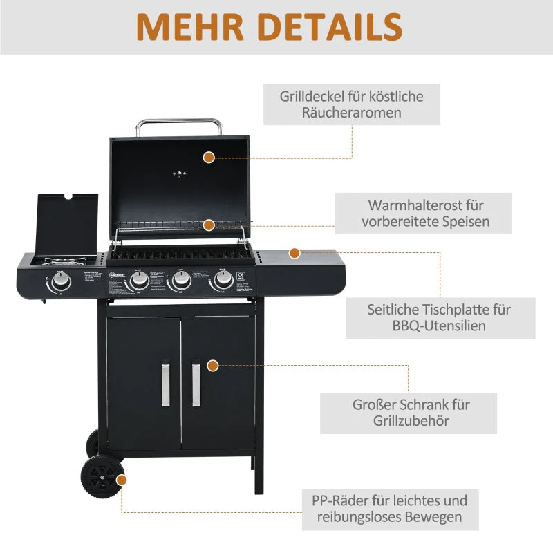 Gas Grill BBQ Cart 3 Burners 1 Side Burner Multifunctional 110x50x100 cm Steel Black - Image 7