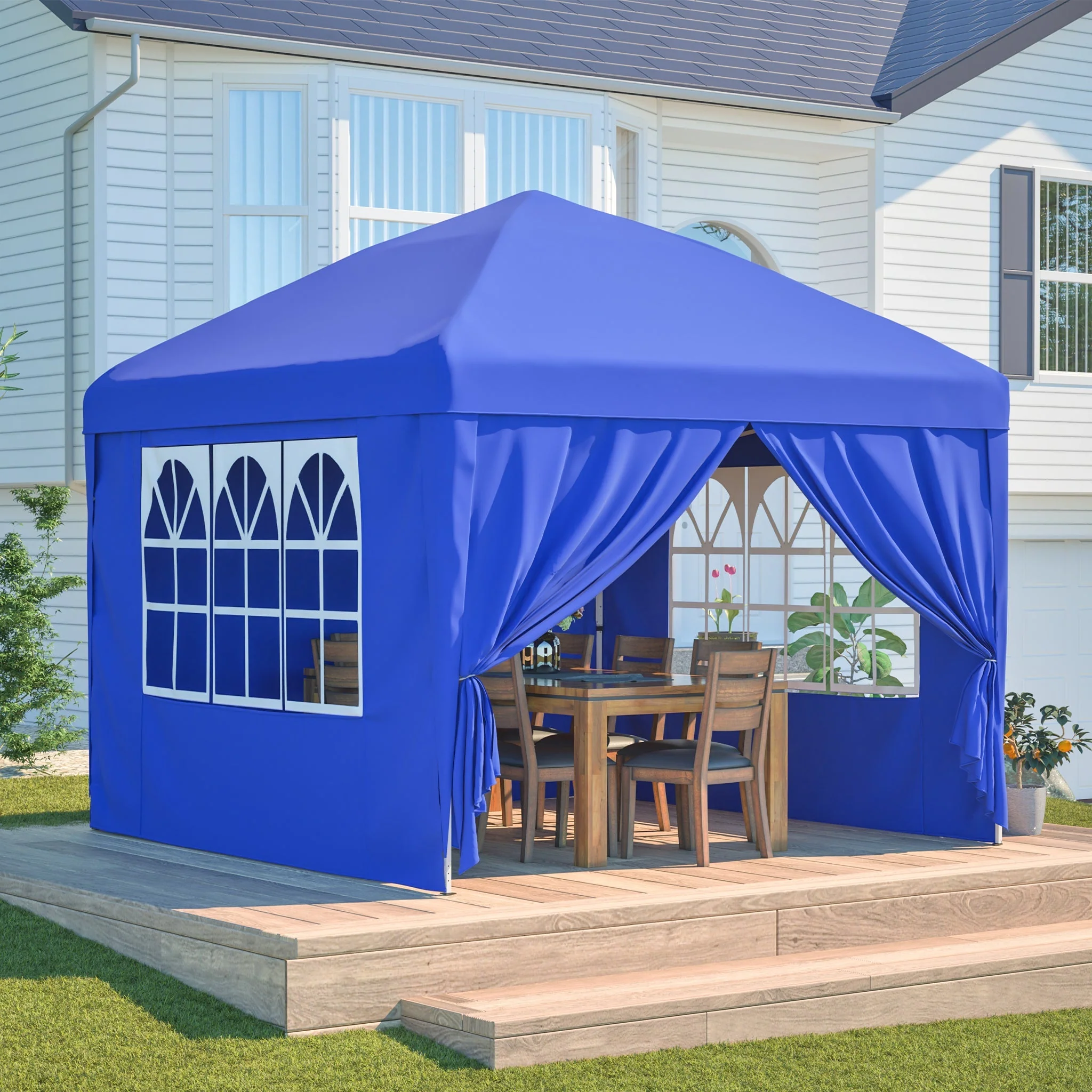 Gazebo 3x3m, 4 Side Walls, 3-Way Height Adjustable, Folding, Blue - Image 9