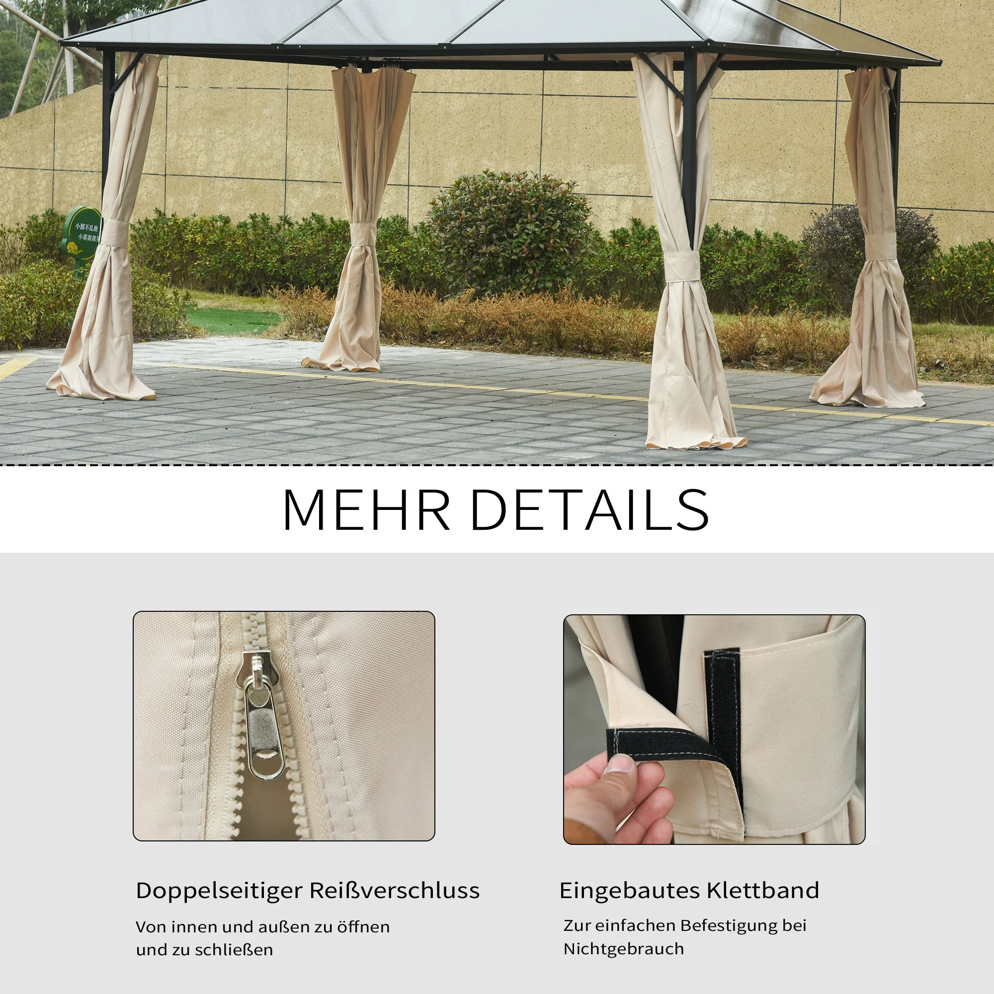 Gazebo Side Panels 3x3m, 302x205cm Durable Polyester, Beige - Image 5