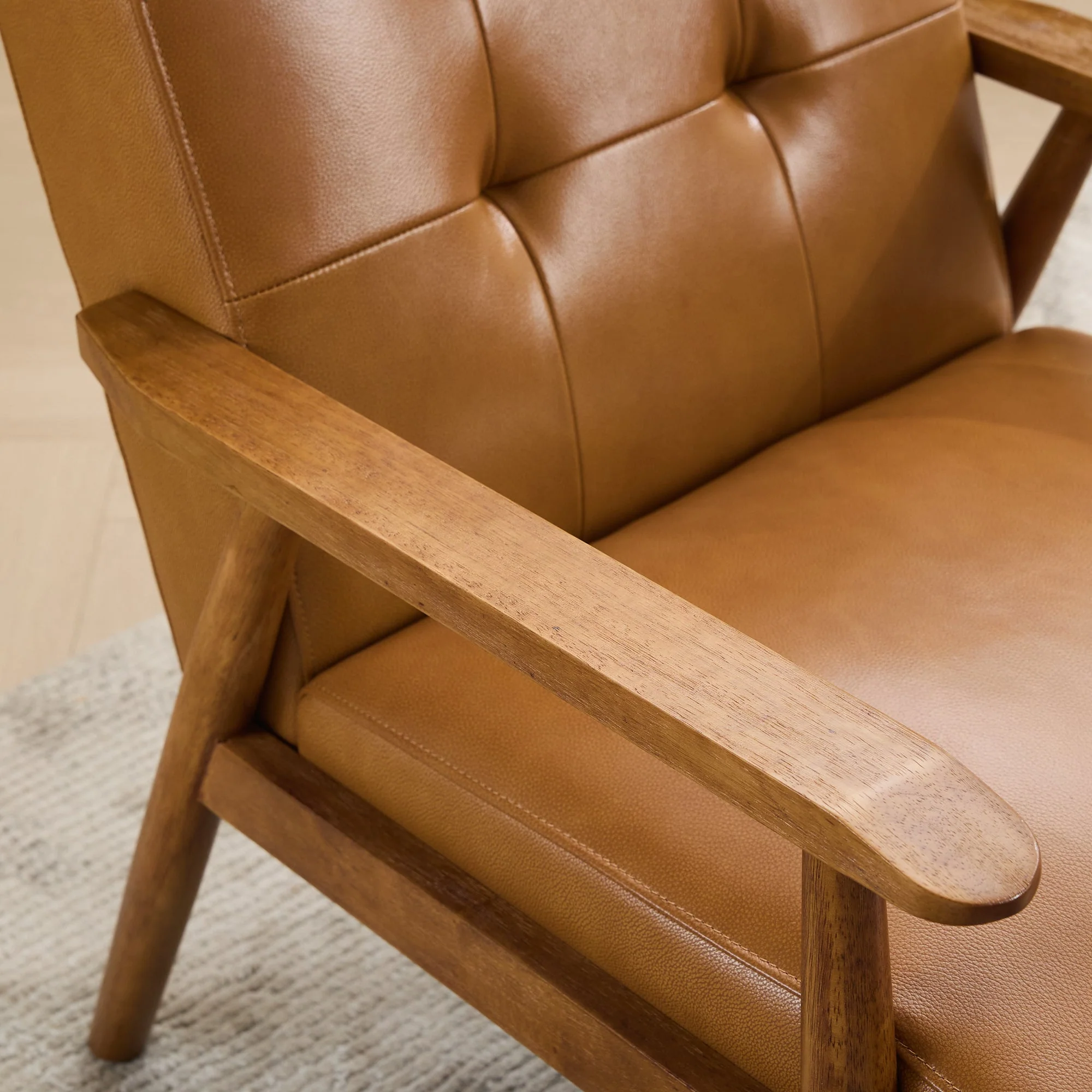 Genuine Leather Lounge Chair Walnut Armrests Rubberwood Legs - Light Brown - Image 8