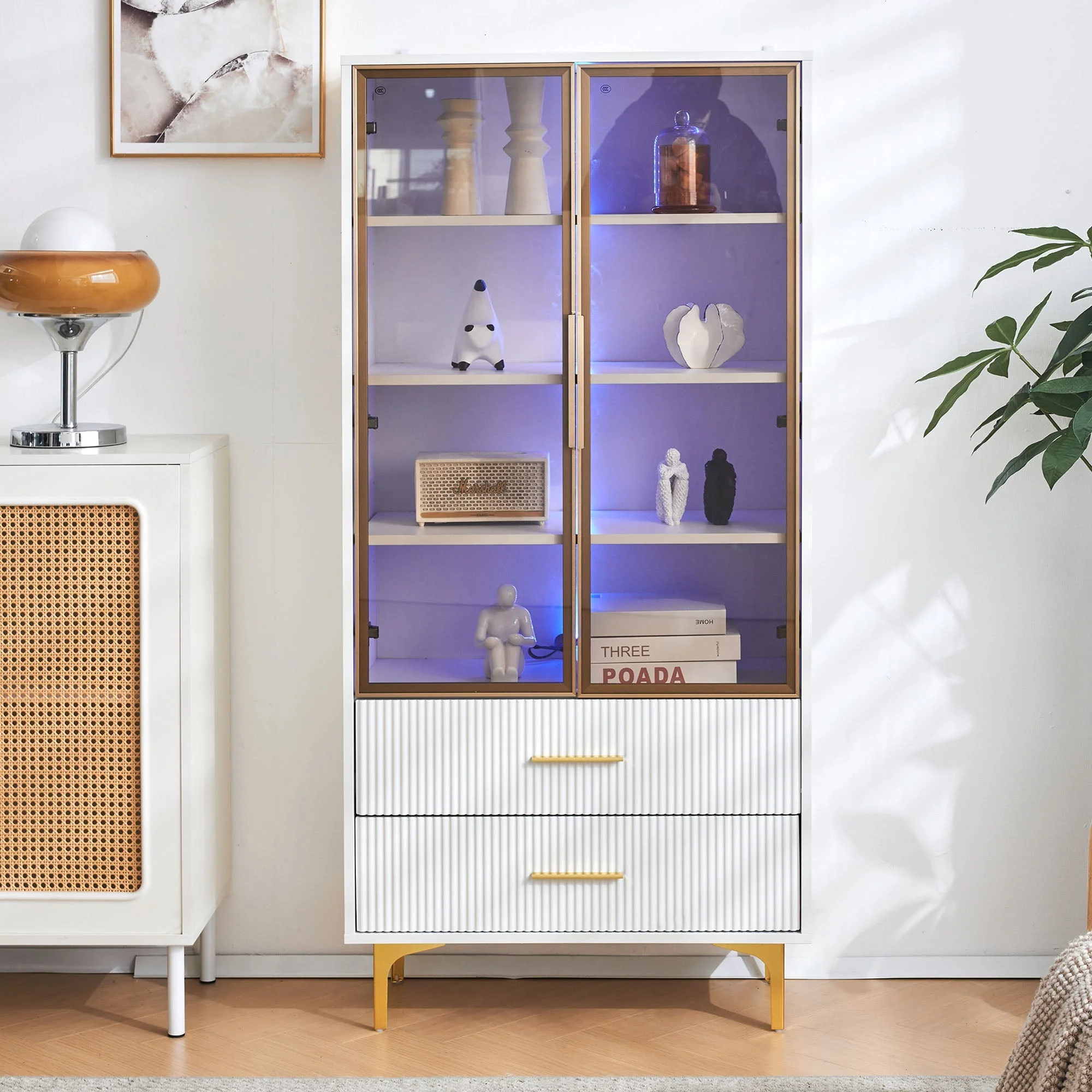 Glass Display Cabinet, 2-Door LED Lighted Tall Storage with Movable Shelves, Golden Legs - Image 5