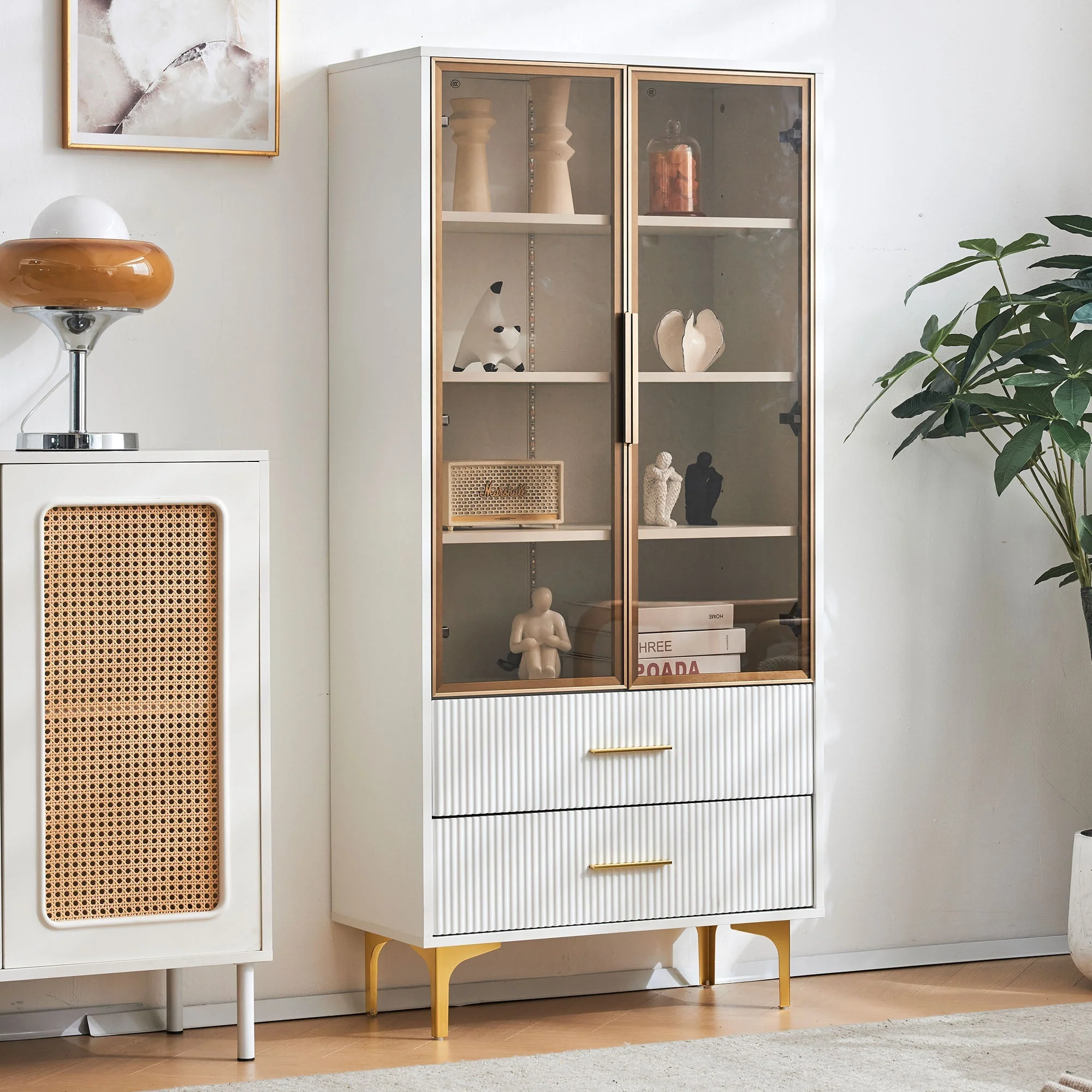 Glass Display Cabinet, 2-Door LED Lighted Tall Storage with Movable Shelves, Golden Legs - Image 8