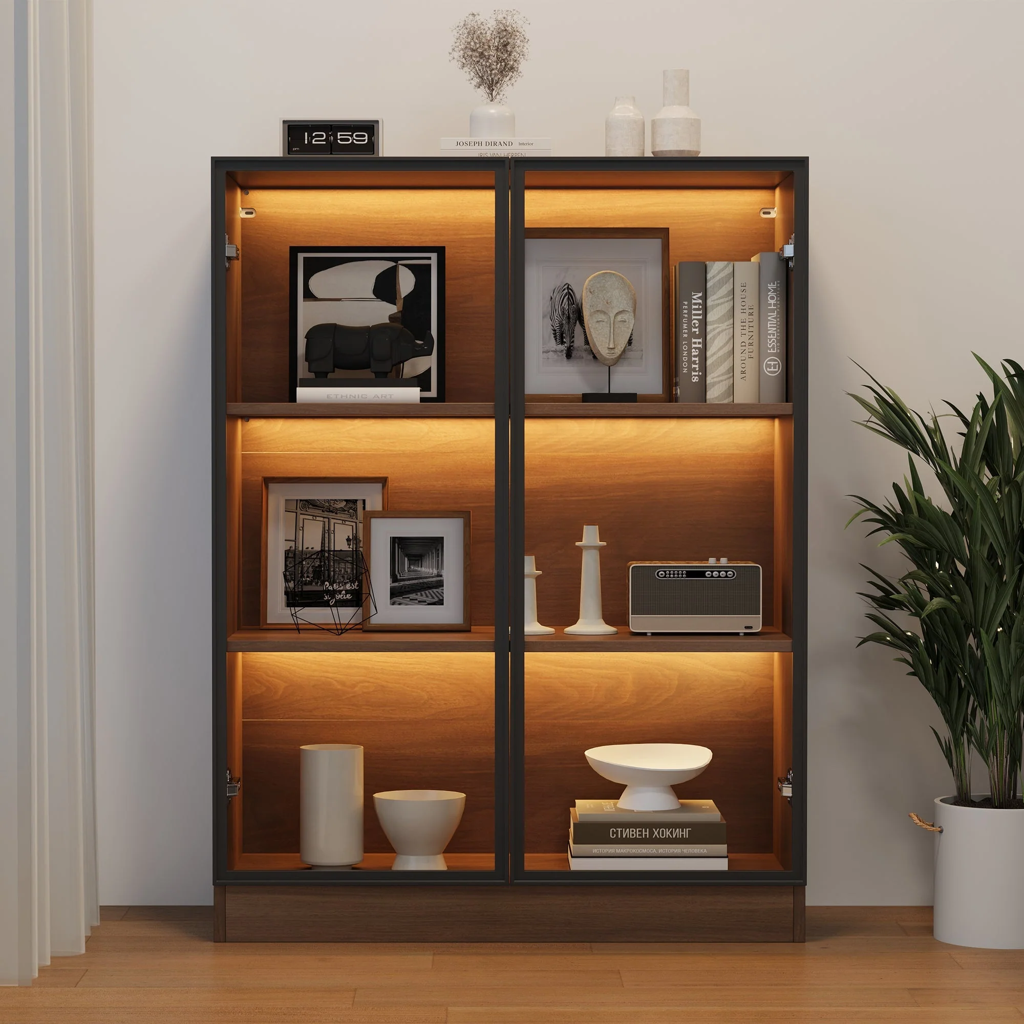 Glass Display Cabinet Collector's Stand LED Light 3-Tier Shelves Natural