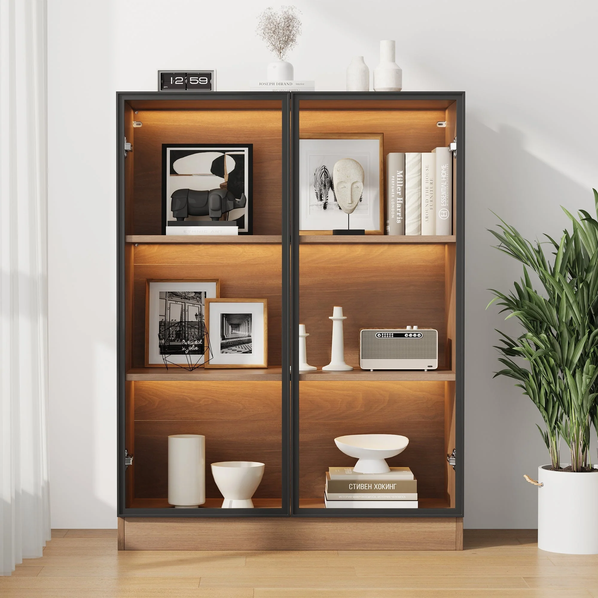 Glass Display Cabinet Collector's Stand LED Light 3-Tier Shelves Natural - Image 2