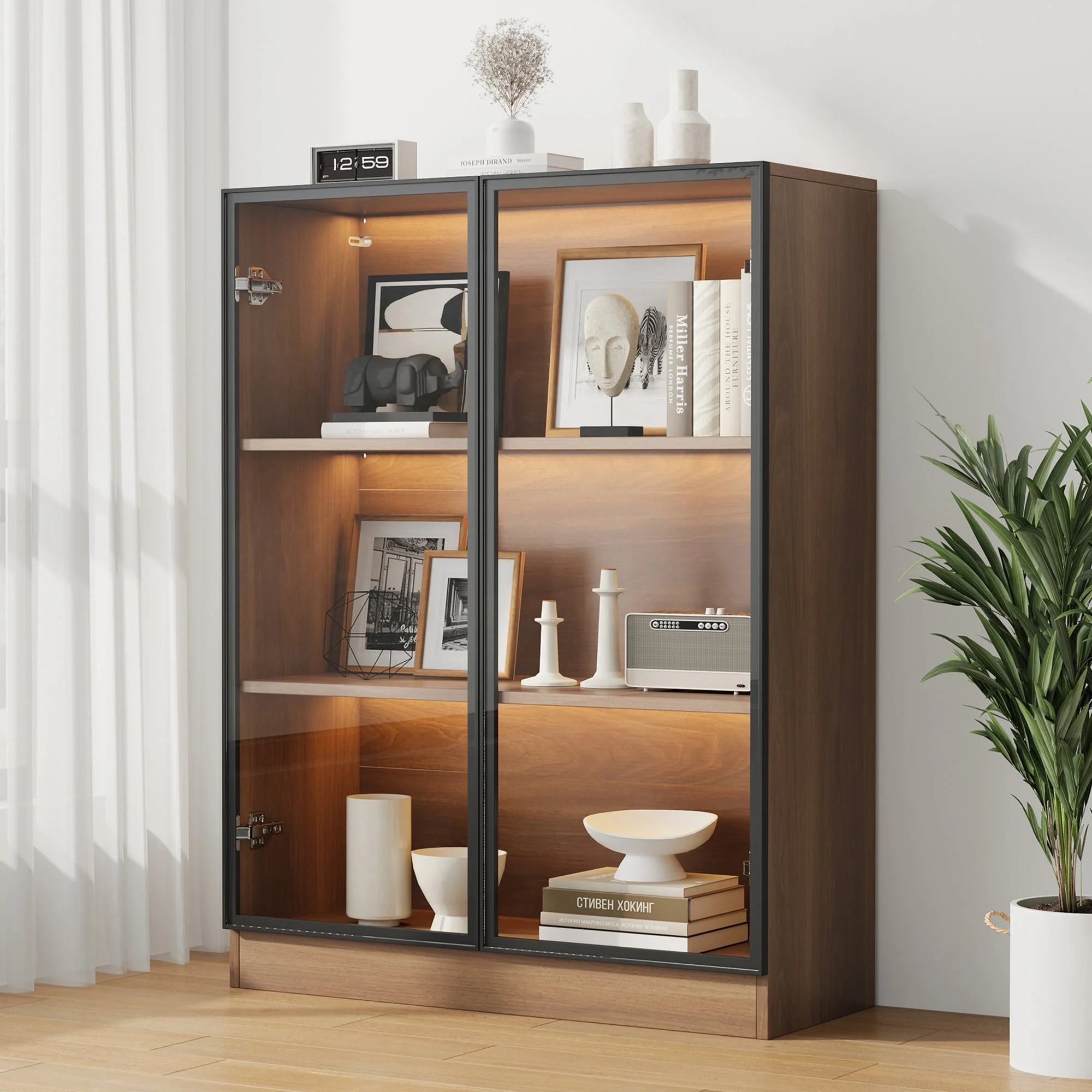 Glass Display Cabinet Collector's Stand LED Light 3-Tier Shelves Natural - Image 3