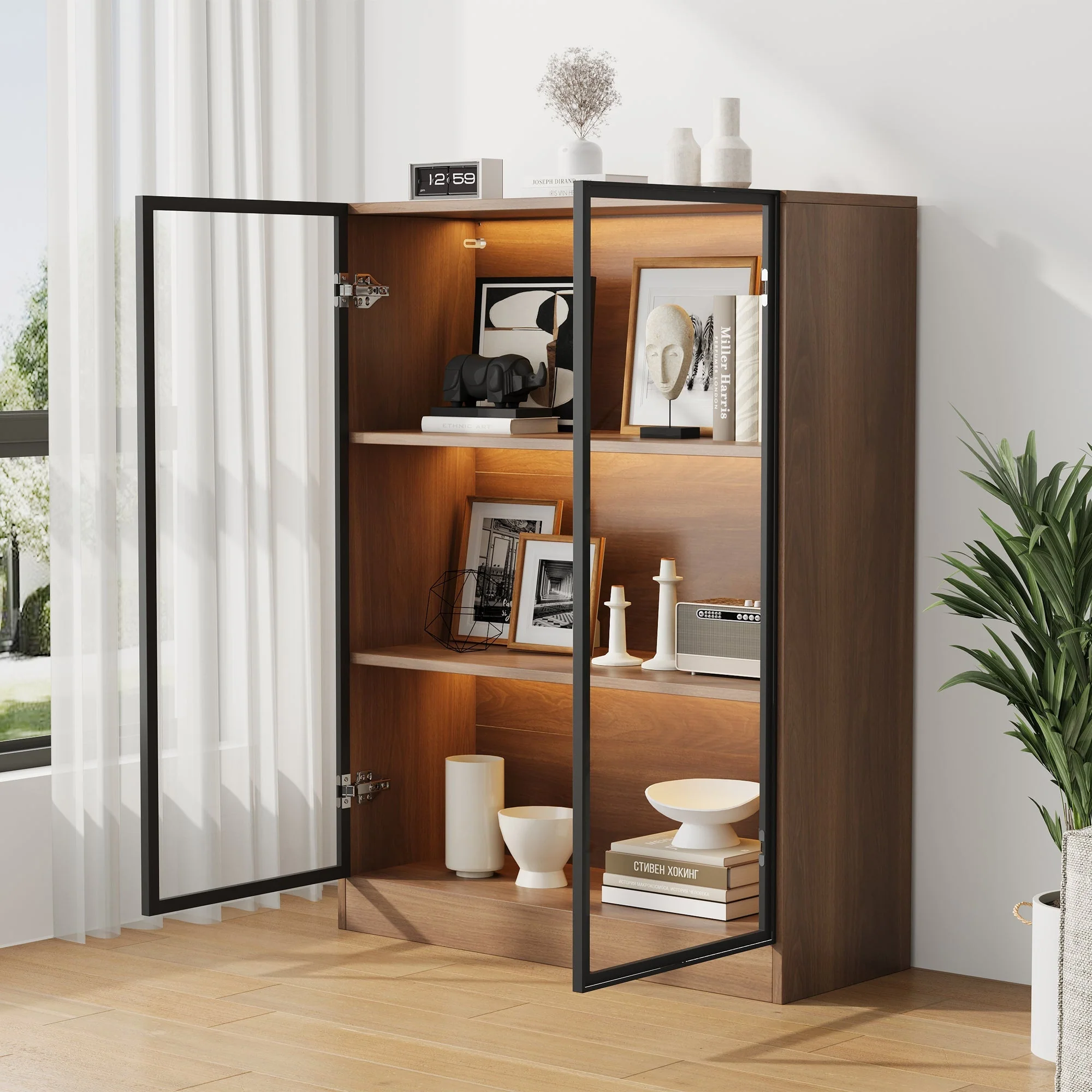 Glass Display Cabinet Collector's Stand LED Light 3-Tier Shelves Natural - Image 4