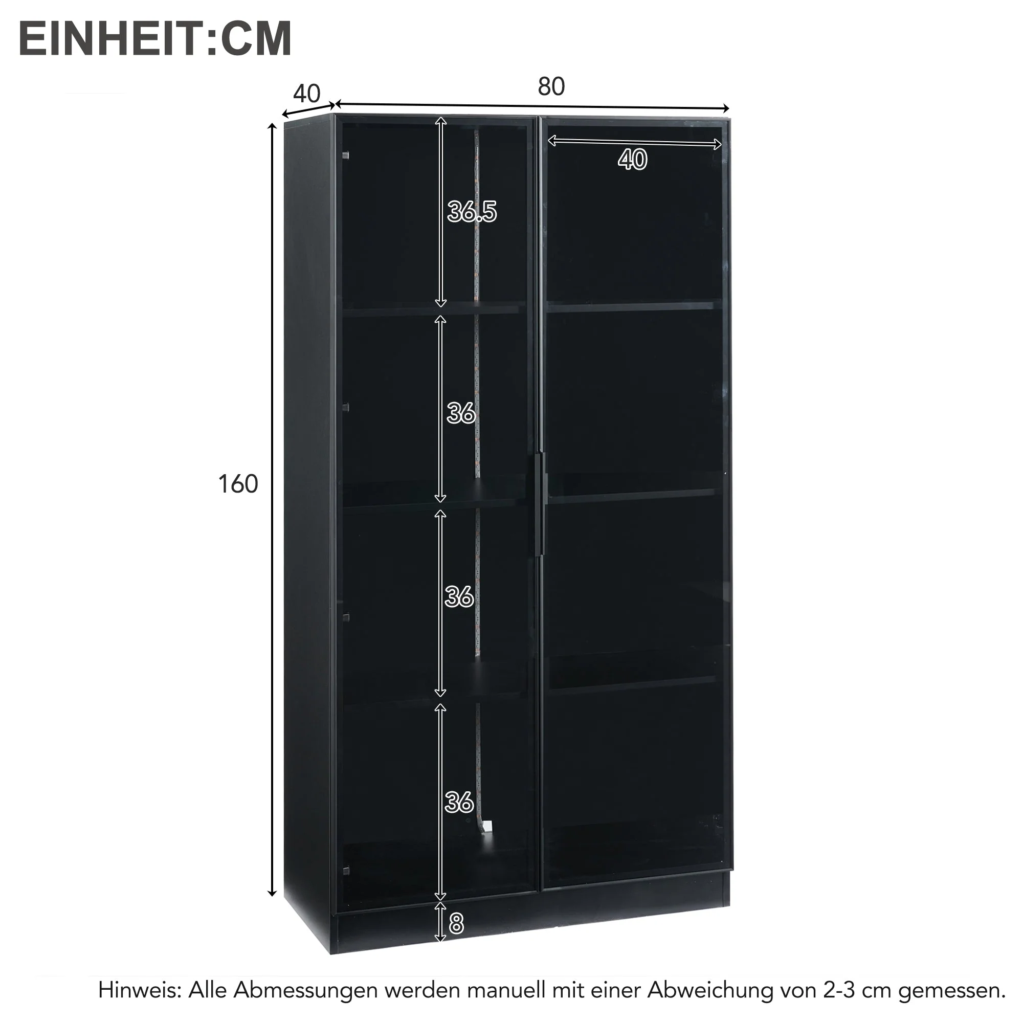 Glass Display Cabinet, Double-Door Adjustable Shelves 80x40x160cm, App-Controlled LED Lighting - Image 3