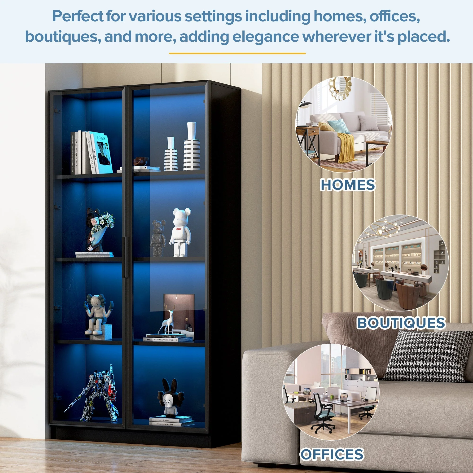 Glass Display Cabinet, Double-Door Adjustable Shelves 80x40x160cm, App-Controlled LED Lighting - Image 6
