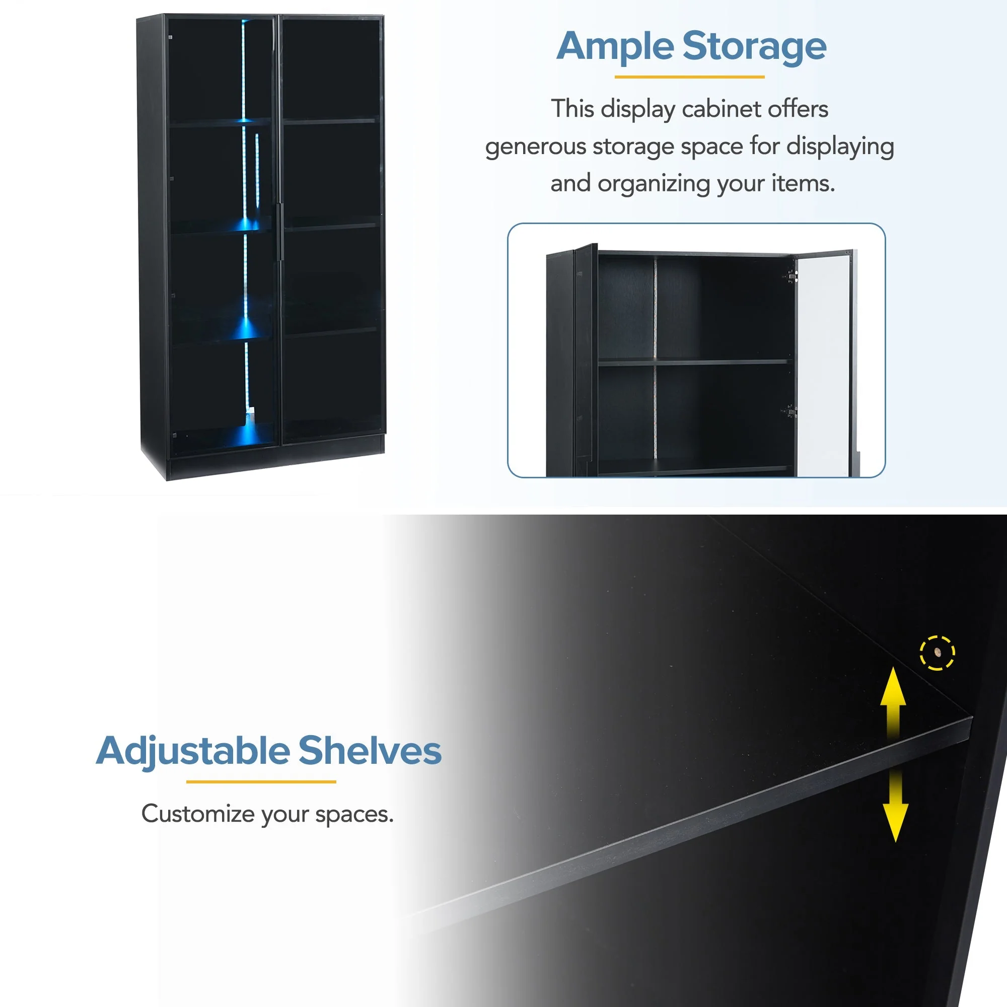 Glass Display Cabinet, Double-Door Adjustable Shelves 80x40x160cm, App-Controlled LED Lighting - Image 7