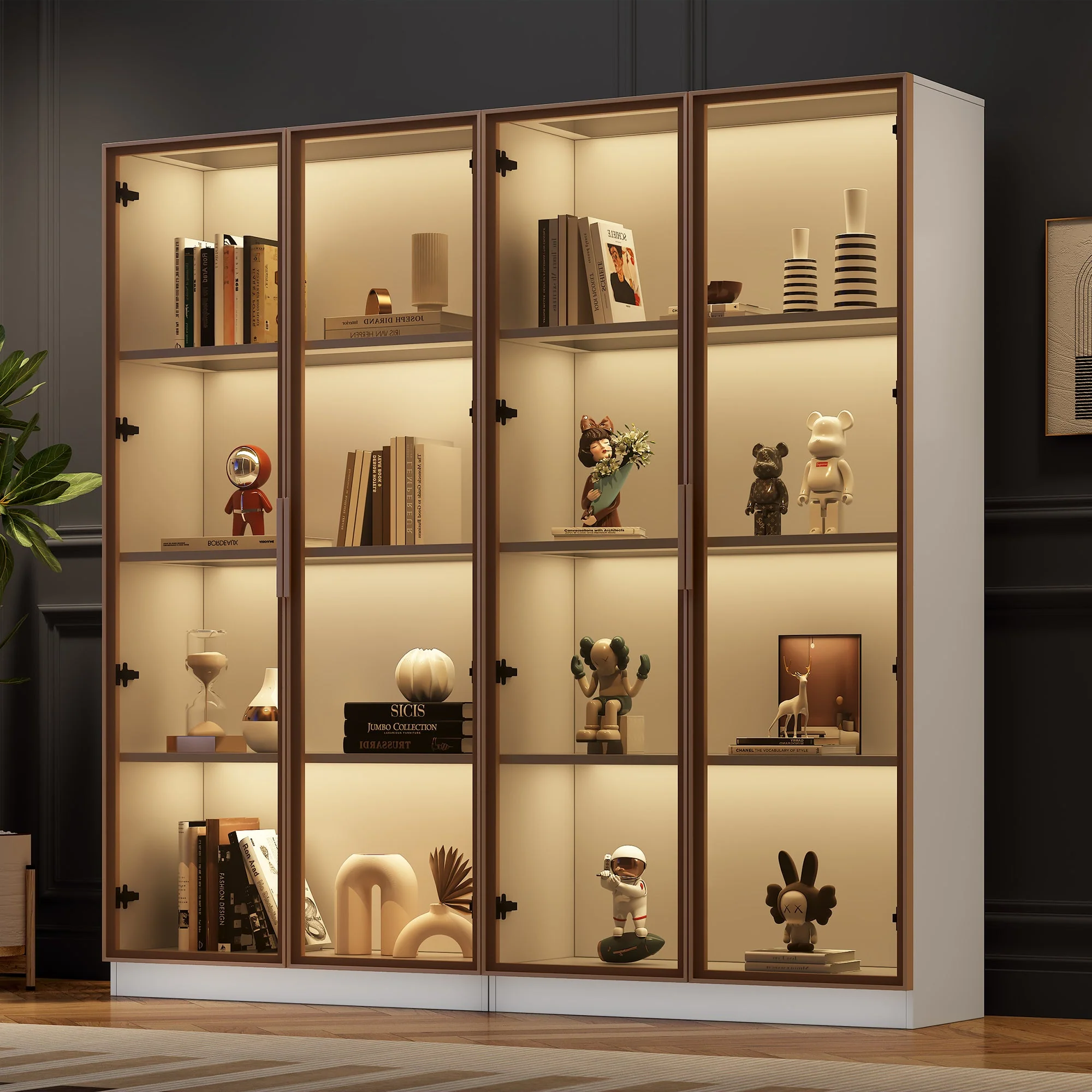 Glass Display Cabinet, Set of 2 with LED Lighting & Movable Shelves, White