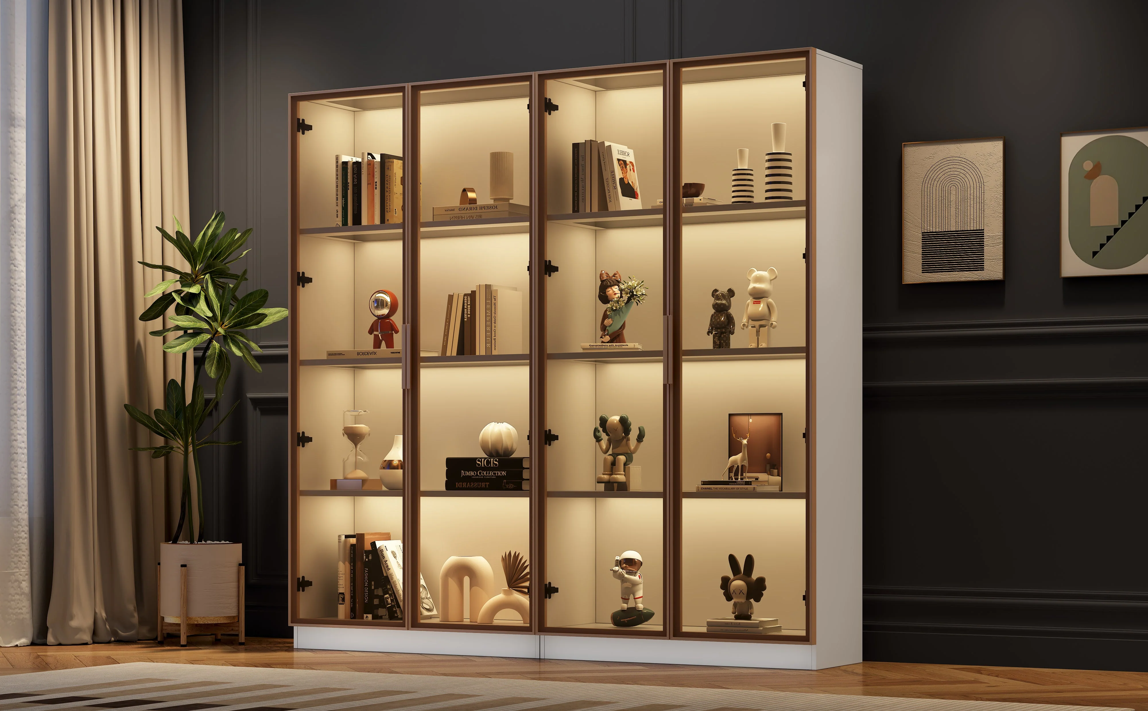 Glass Display Cabinet, Set of 2 with LED Lighting & Movable Shelves, White - Image 2