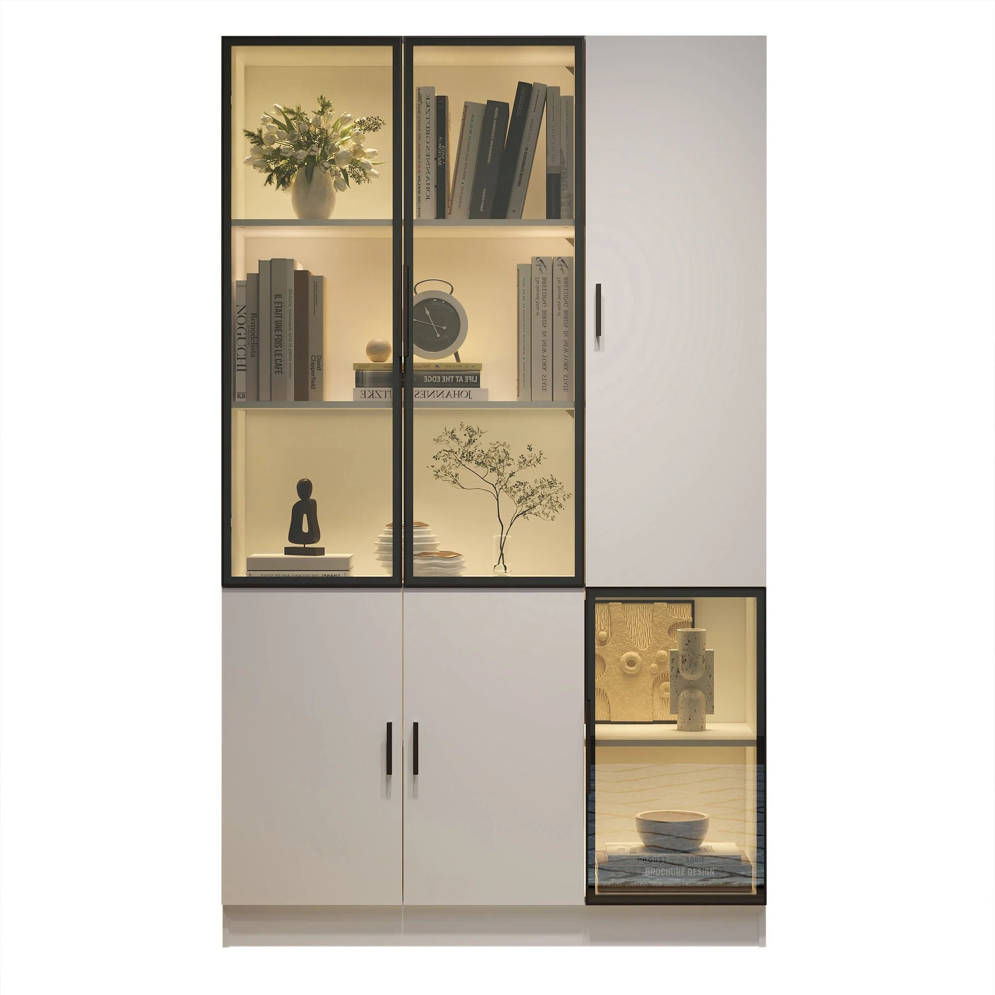 Glass Display Cabinet with LED Lights and 10 Storage Compartments, White and Glass - Image 10