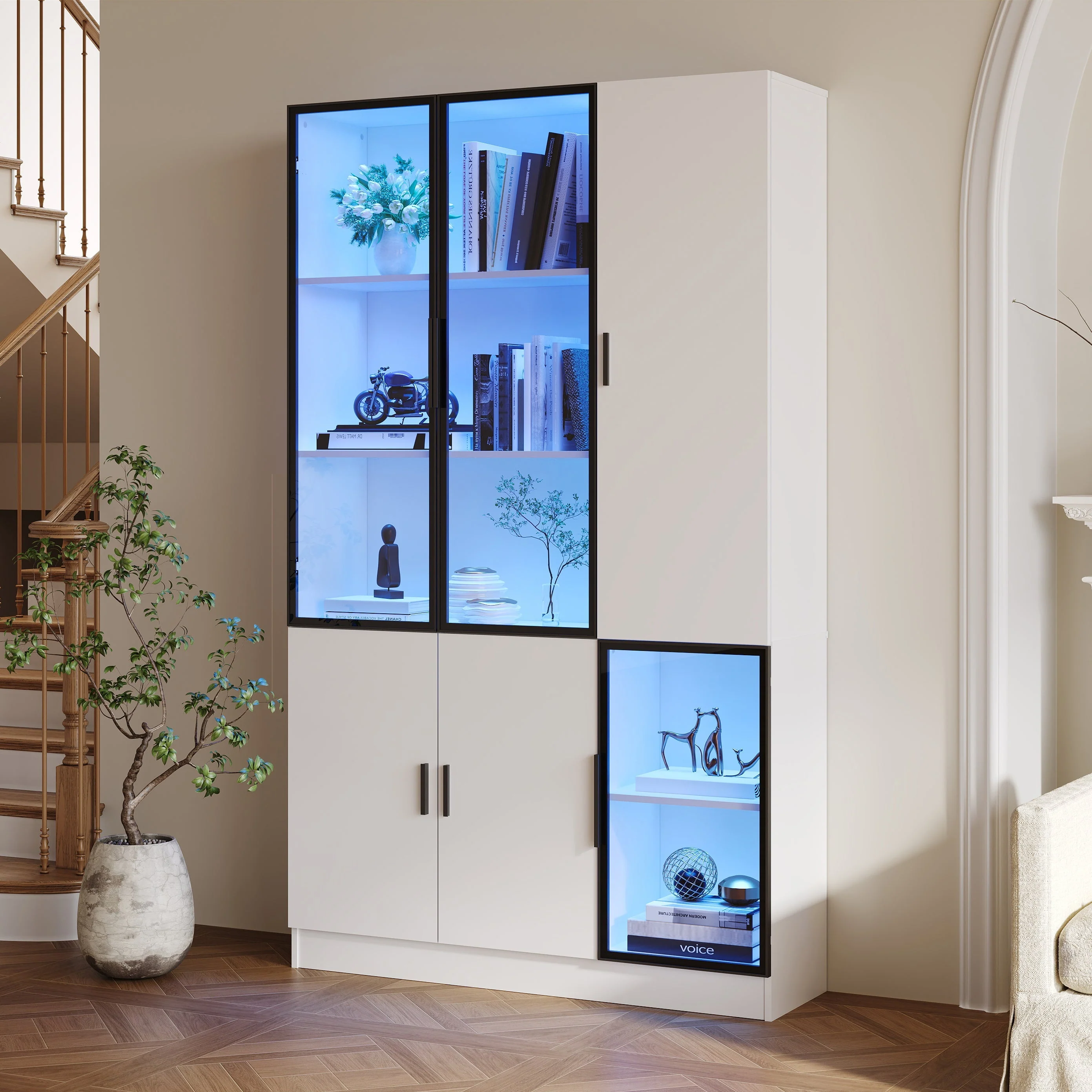 Glass Display Cabinet with LED Lights and 10 Storage Compartments, White and Glass - Image 2