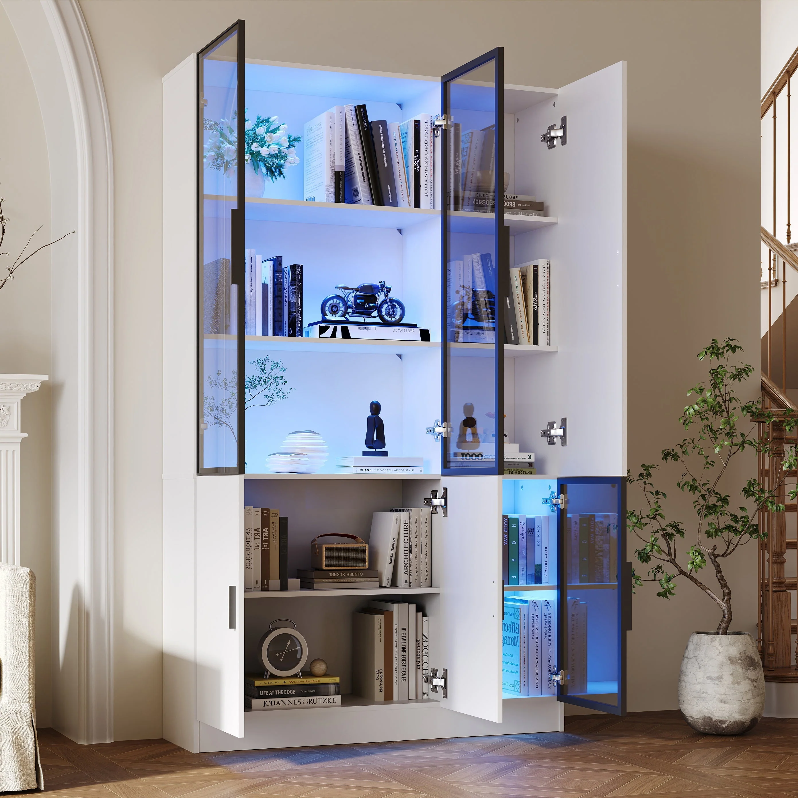 Glass Display Cabinet with LED Lights and 10 Storage Compartments, White and Glass - Image 3
